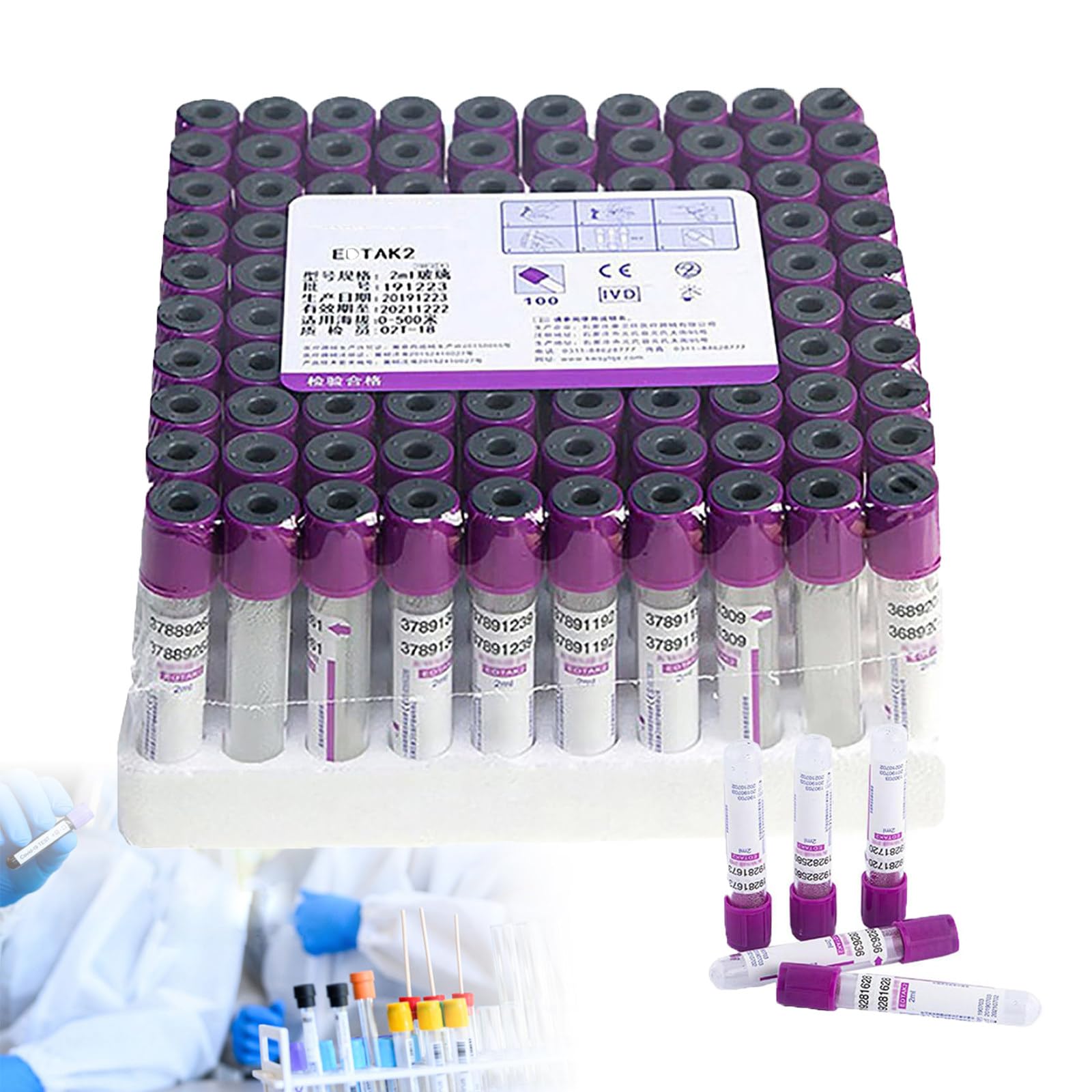 100PCS Vacuum Blood Collection Tube with Purple Screw Cap, Glass Blood Collection Tubes(2ml,3ml,5ml,10ml), for Laboratory, Serum Separation,5ML