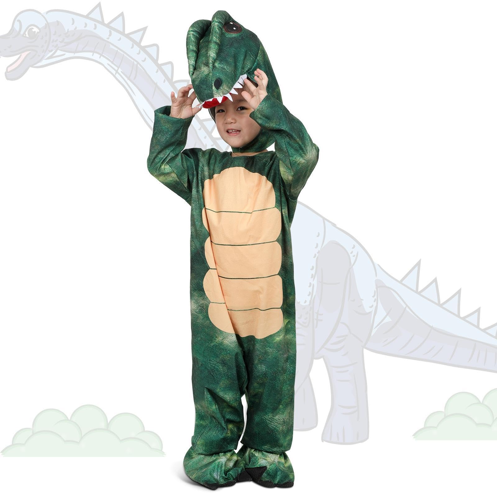 F Fityle Costume da Dinosauro per Bambini, Costume da Cartone Animato T Rex per spettacoli teatrali, Carnevale, Gioco di Ruolo, S