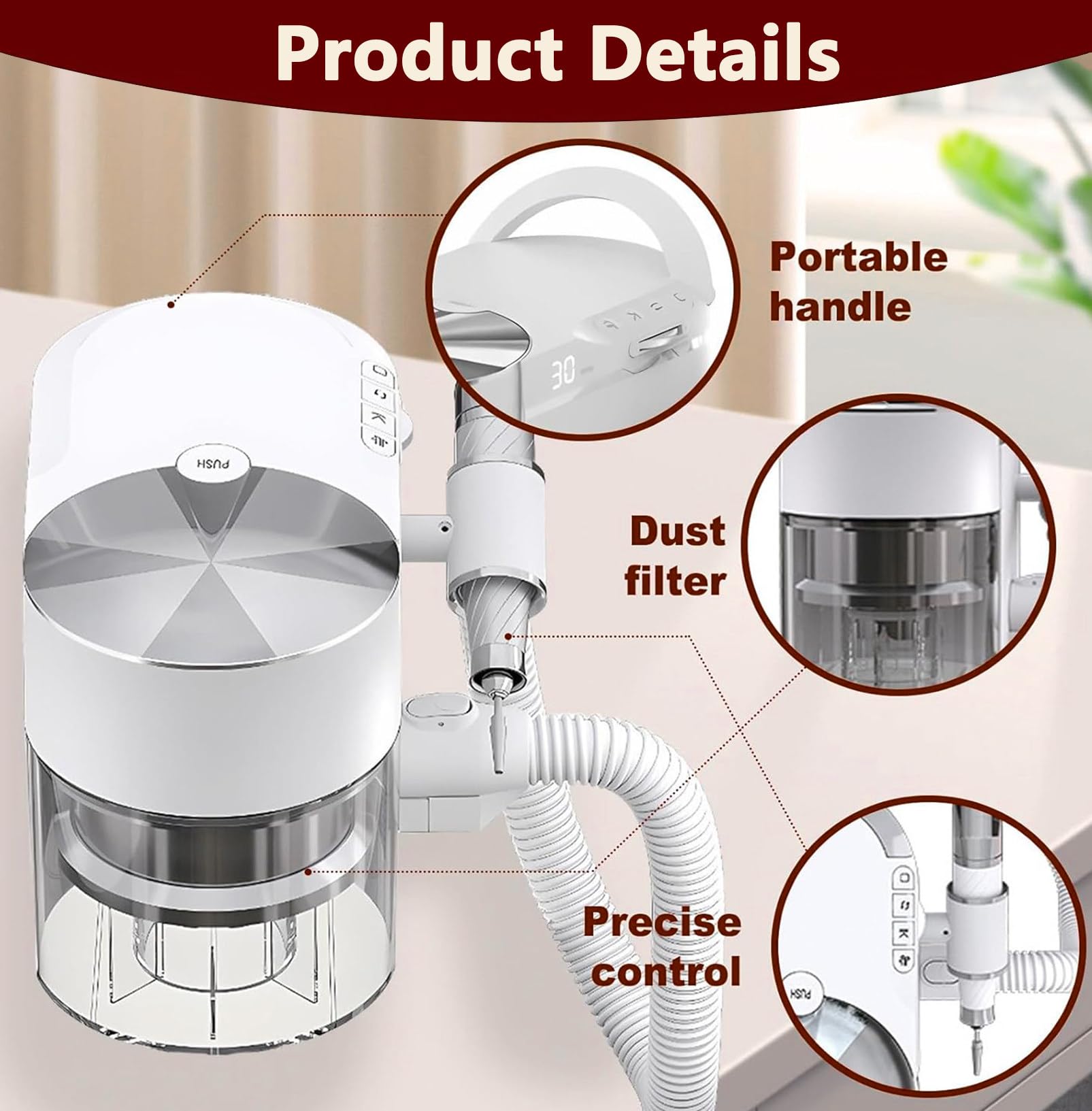 Taladro eléctrico de uñas 2 en 1 con recolector de polvo, motor sin escobillas de 30 000 RPM, succión al vacío de 1,5 kPa, silencioso ≤58 dB, succión y ángulo ajustables, para salones de uñas White