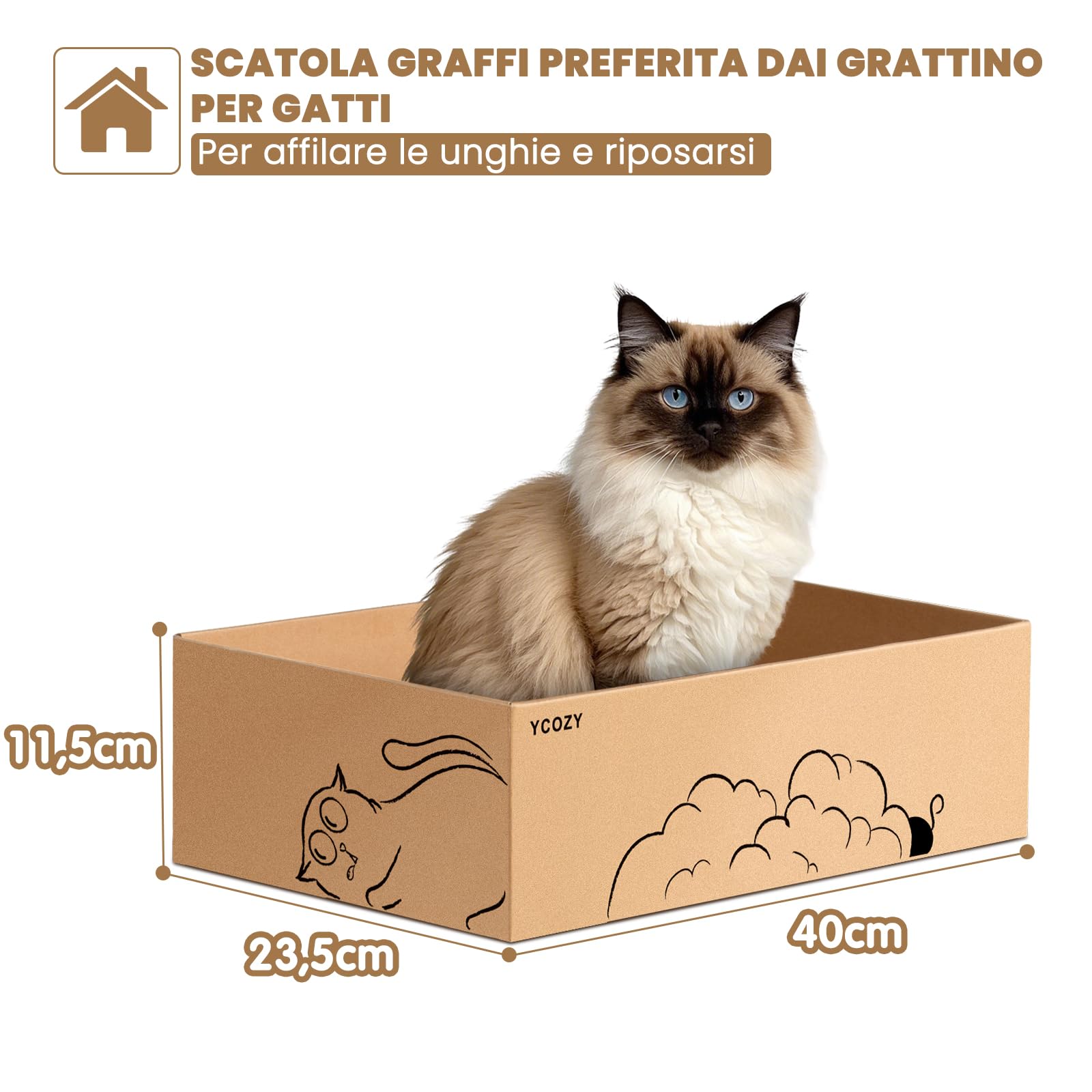 Ycozy Tiragraffi per Gatti 5 in 1, Tiragraffi Gatto Tiragraffi 2 Strati Bifacciale, 43 x 25,5 x 12,7 cm, con 5 pezzi di Cartone di Ricambio Interattivo, per Gatti Piccoli e Grandi