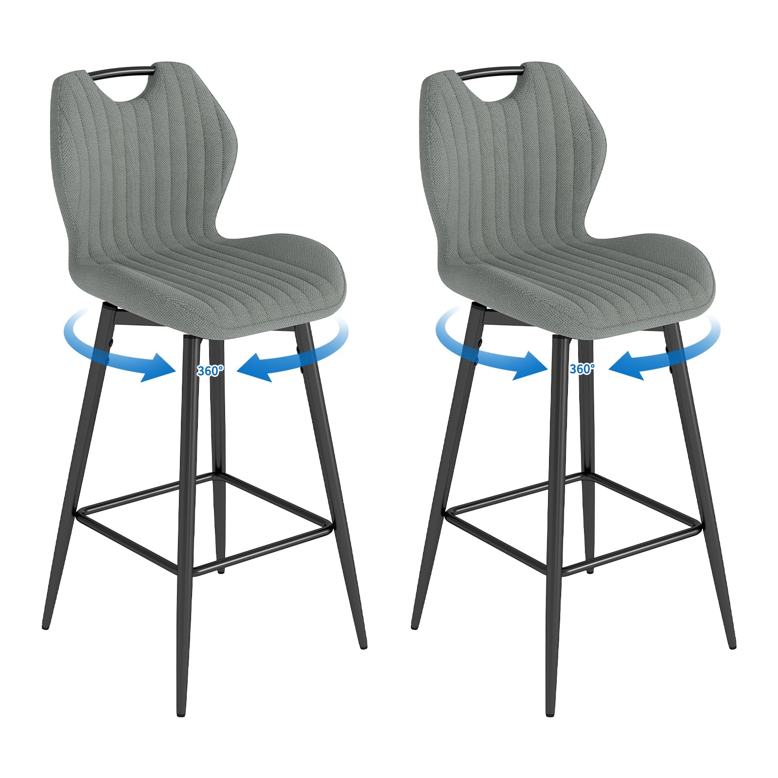 WAFTING 360° Drehbar Barhocker 2er Set, 75cm Sitzhöhe, Atmungsaktiver Barstuhl mit Griff, aus Stoff, Gepolstert, mit Lehne & Fußstütze, für Küche, Theke, Esszimmer, Dunkelgrau