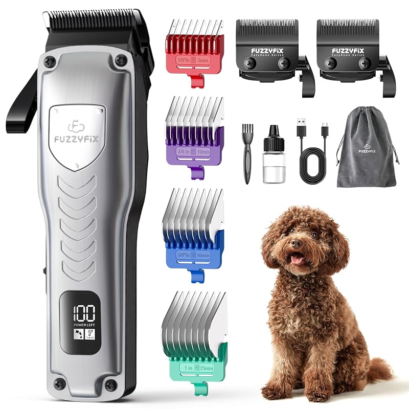 Máquina de Tosa Elétrica para Cães com Pentes Metálicos e 2 Lâminas, FuzzyFix Silver