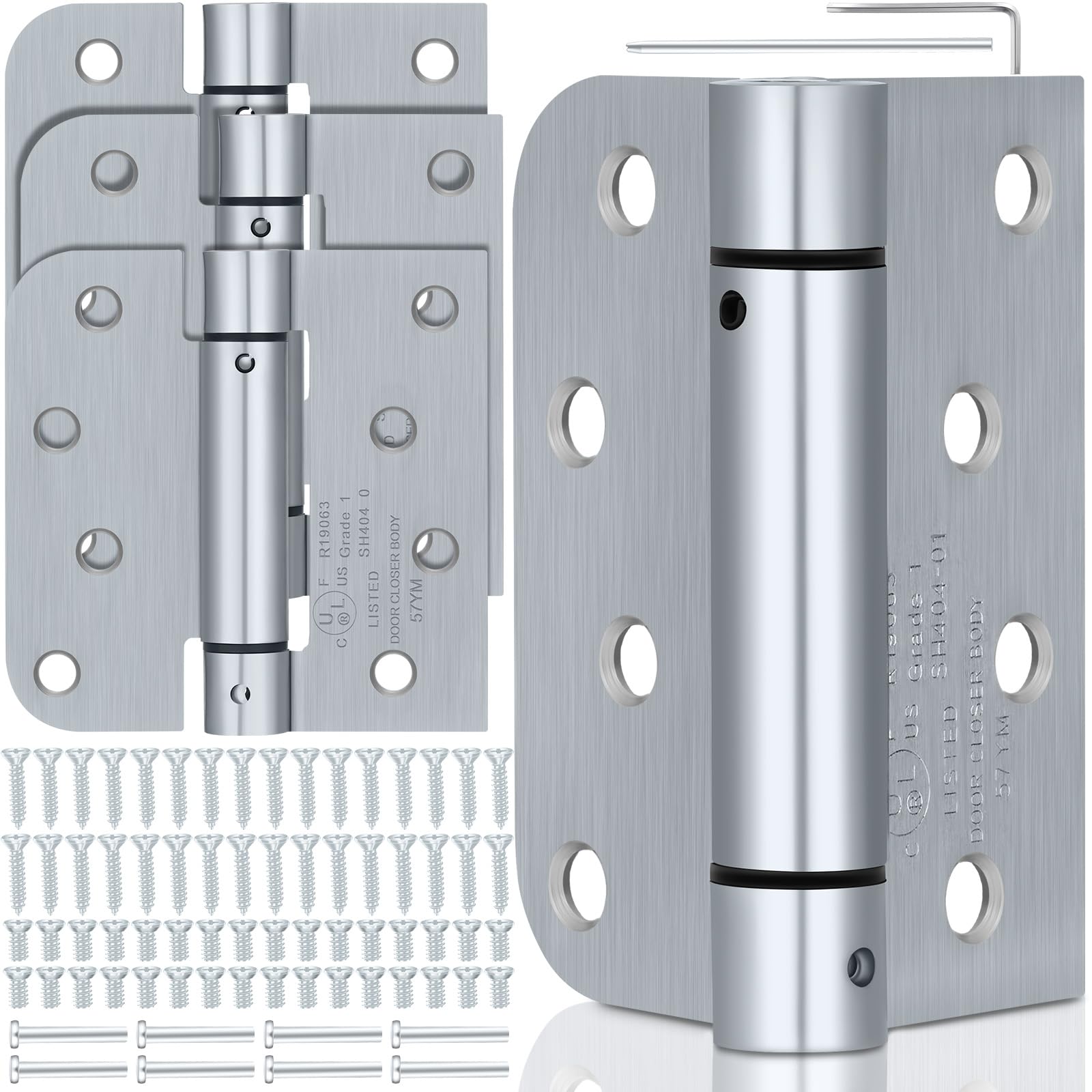 4 Pcs Self Closing Door Hinges 4'' Square 5/8" Radius Corners Auto Spring Loaded Hinges Adjustable Tension Automatic Door Closer Hinge for Garage Commercial Front Back Left Right Hand Door
