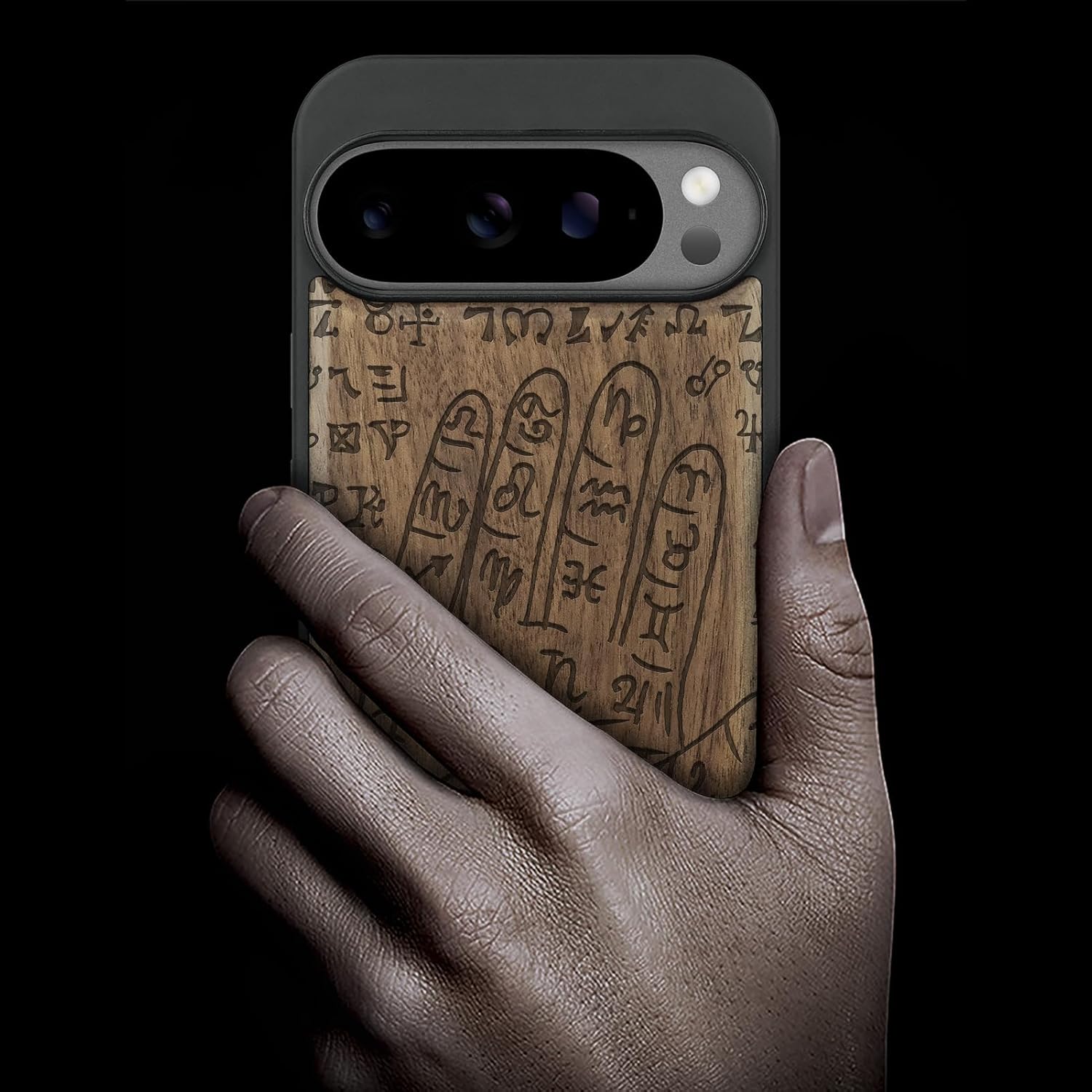 Carveit Magnetic Wooden Case for Google Pixel 10 Pro XL Case, Wood Artisan Engraved & Soft TPU Shockproof Cover, Compatible with MagSafe Wireless Chargers (Mystic Palmistry Hand) Walnut