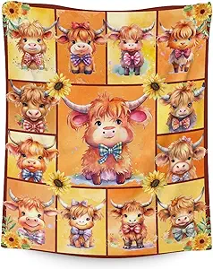 Highland Cow Blanket Gifts - 50x60 Inches Cute Throw Blanket for Girls & Boys - Yellow Soft Fuzzy Blankets for Bed, Couch & Living Room