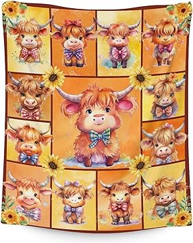 Highland Cow Blanket Gifts - 50x60 Inches Cute Throw Blanket for Girls & Boys - Yellow Soft Fuzzy Blankets for Bed, Couch & Living Room