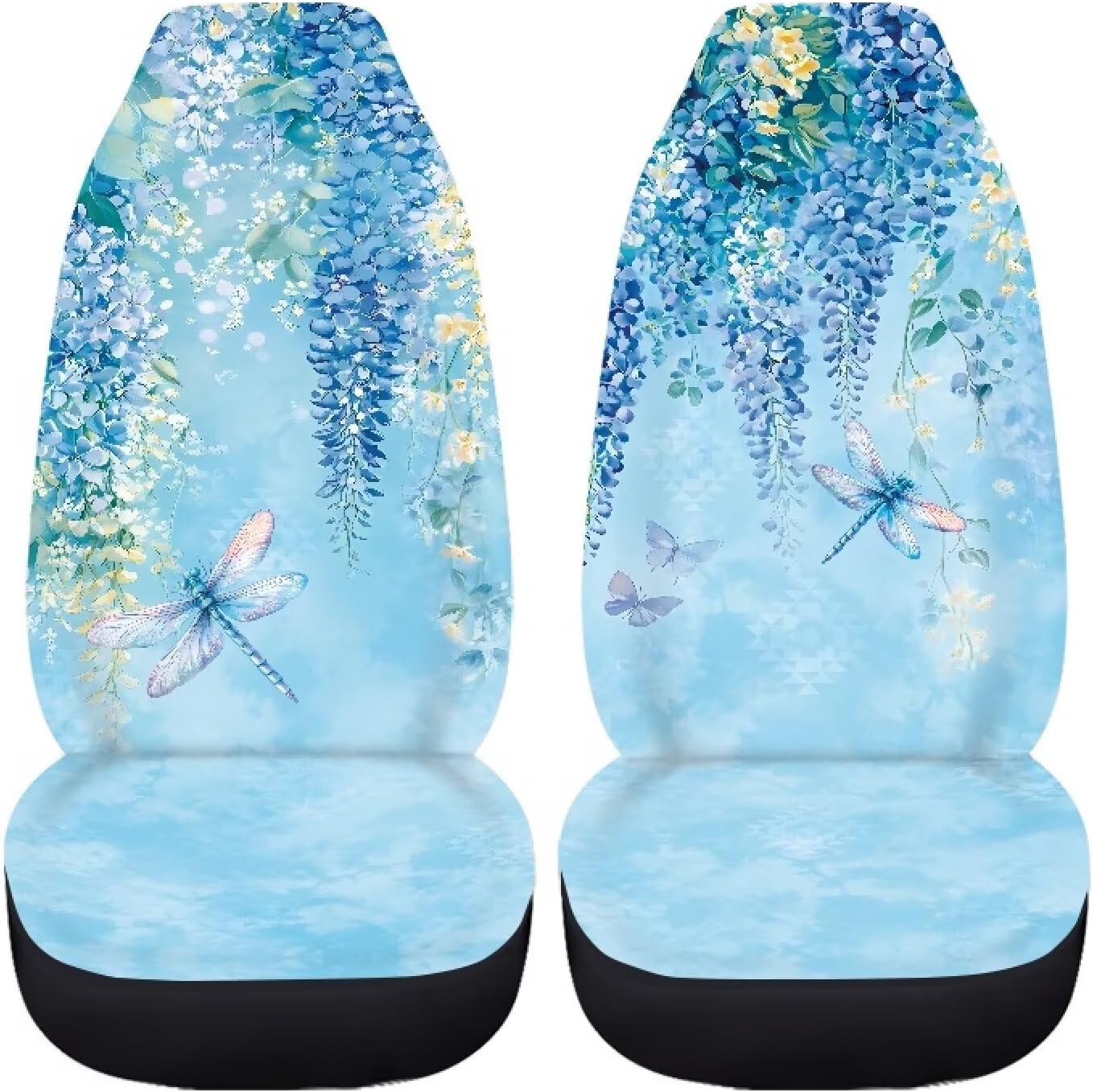 Blue Floral Dragonfly Print Floral Car Seat Covers 2PCS Set Fit Most Cars Automotive Interior Decor