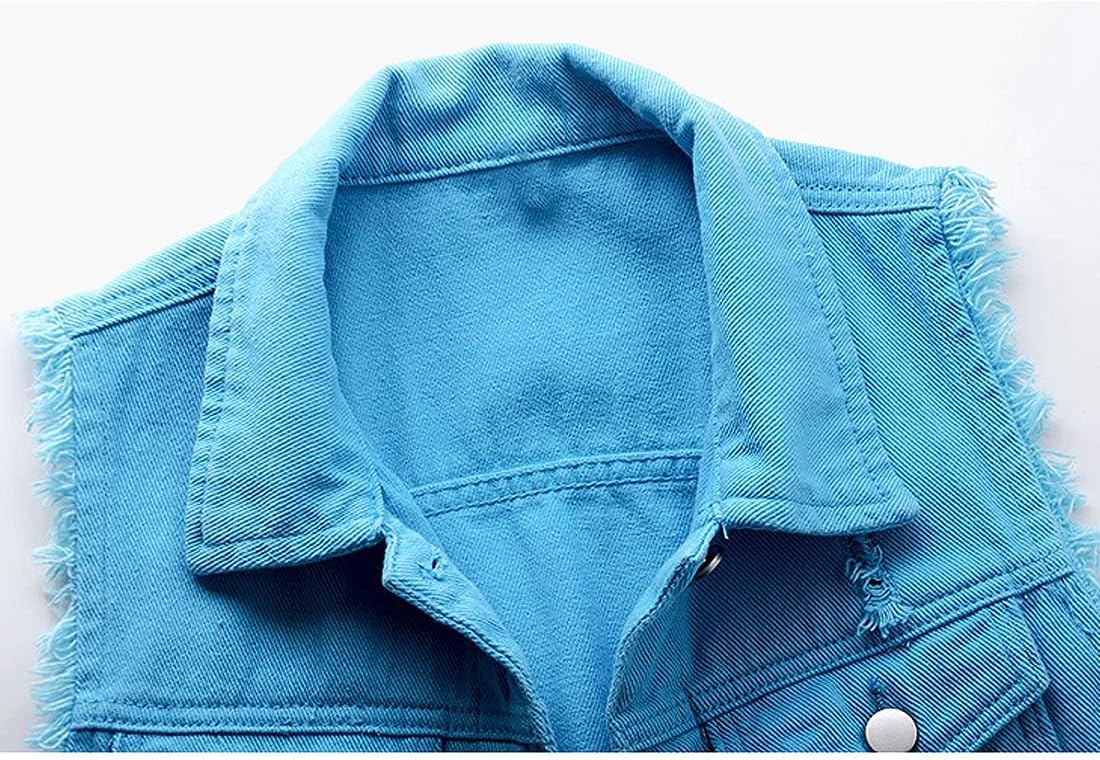 Women's Casual Denim Waistcoat Slim Fit Frayed Sleeveless Jacket Ripped Tops with Pockets - Image 3