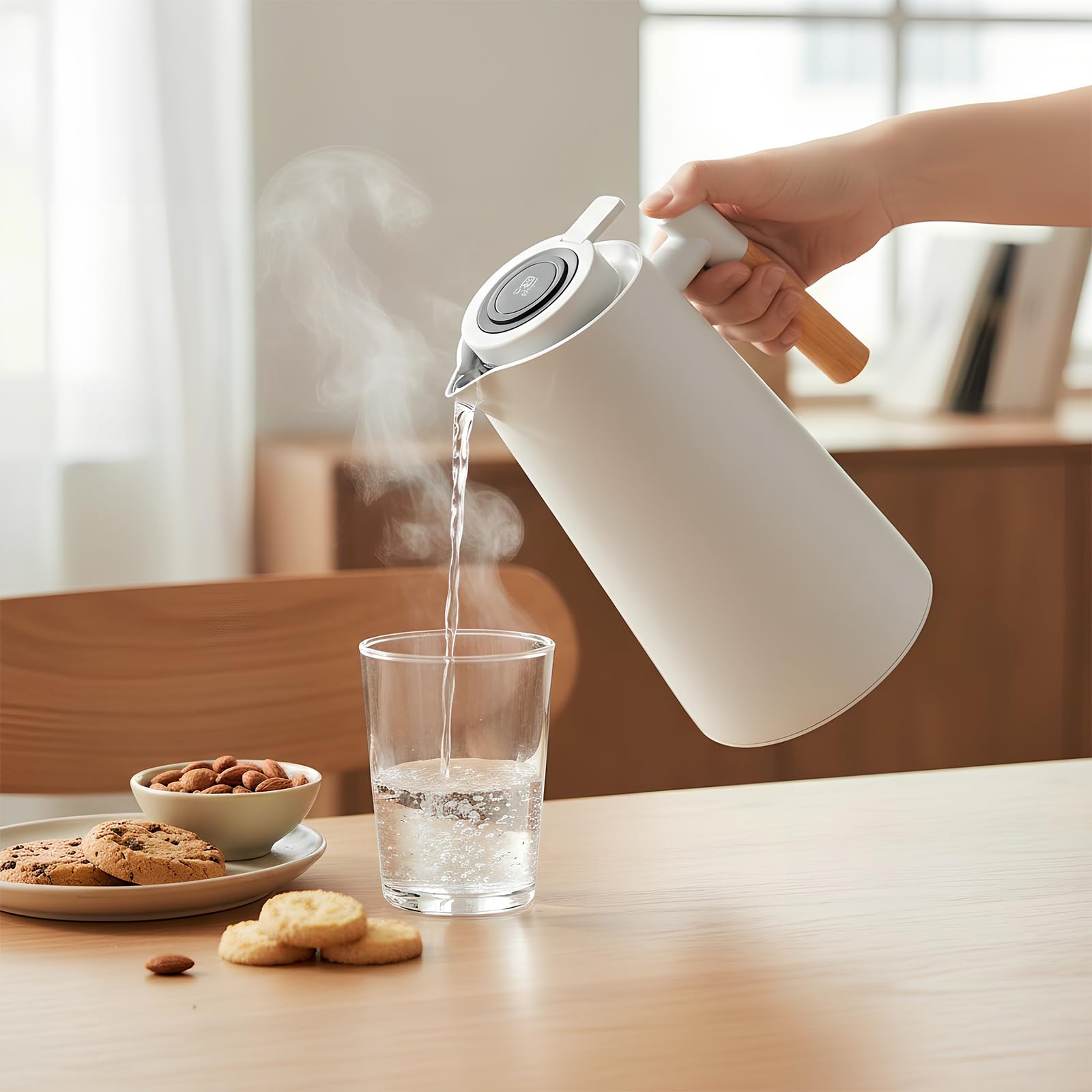 Colexy Caraffa Termica da Caffè 1L Thermos con Indicatore di Temperatura Caraffa Termica con Manico in Legno Bollitore per Acqua Isolata Teiera da Tè Mantiene Caldo Freddo Per Caffè Latte Tè (Bianco)