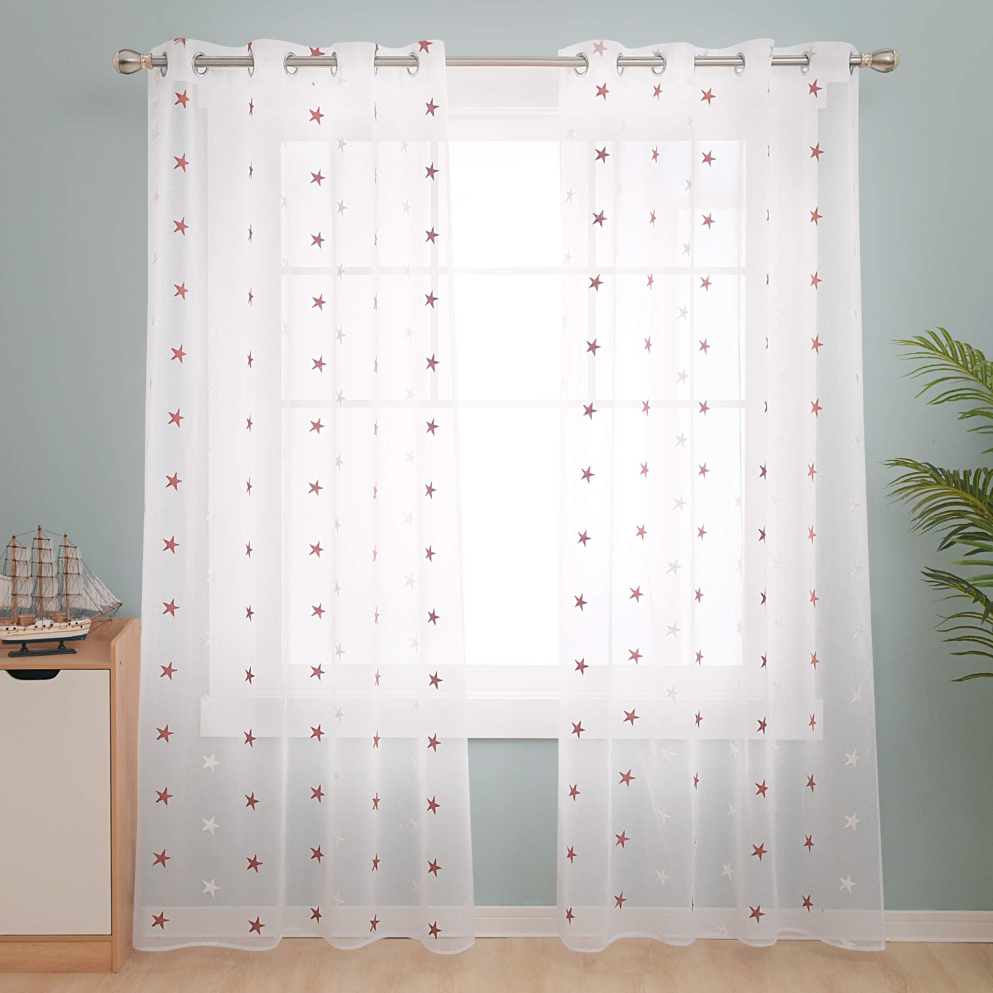 Deconovo Top Ring Star Embroidery Net Curtains Semi Transparent Curtains Faux Linen Sheer Curtains for Living Room 55 x94 Drop Inch Orange 2 Panels