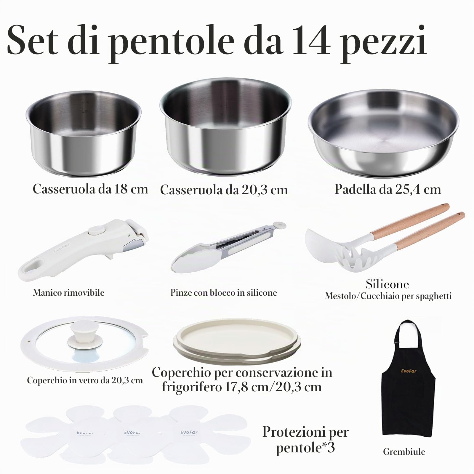 Set di pentole in acciaio inox, 14 pezzi, con manici rimovibili, padella da 24 cm, pentola da 18/20 cm, impilabile, adatto a tutti i tipi di piano cottura (argento)