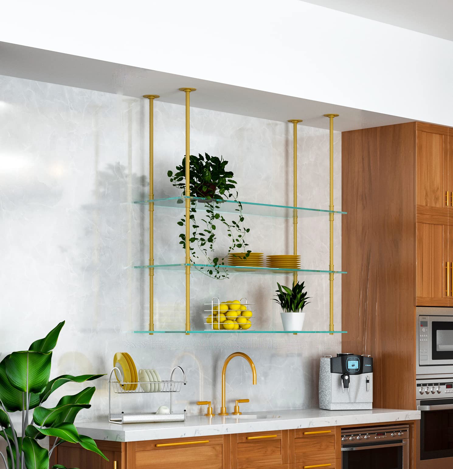 DIYHD 68inch Ceiling Mount Industrial Black Iron Pipe 3 Layer Kitchen Storage Shelf Bracket(No Planks), 68"