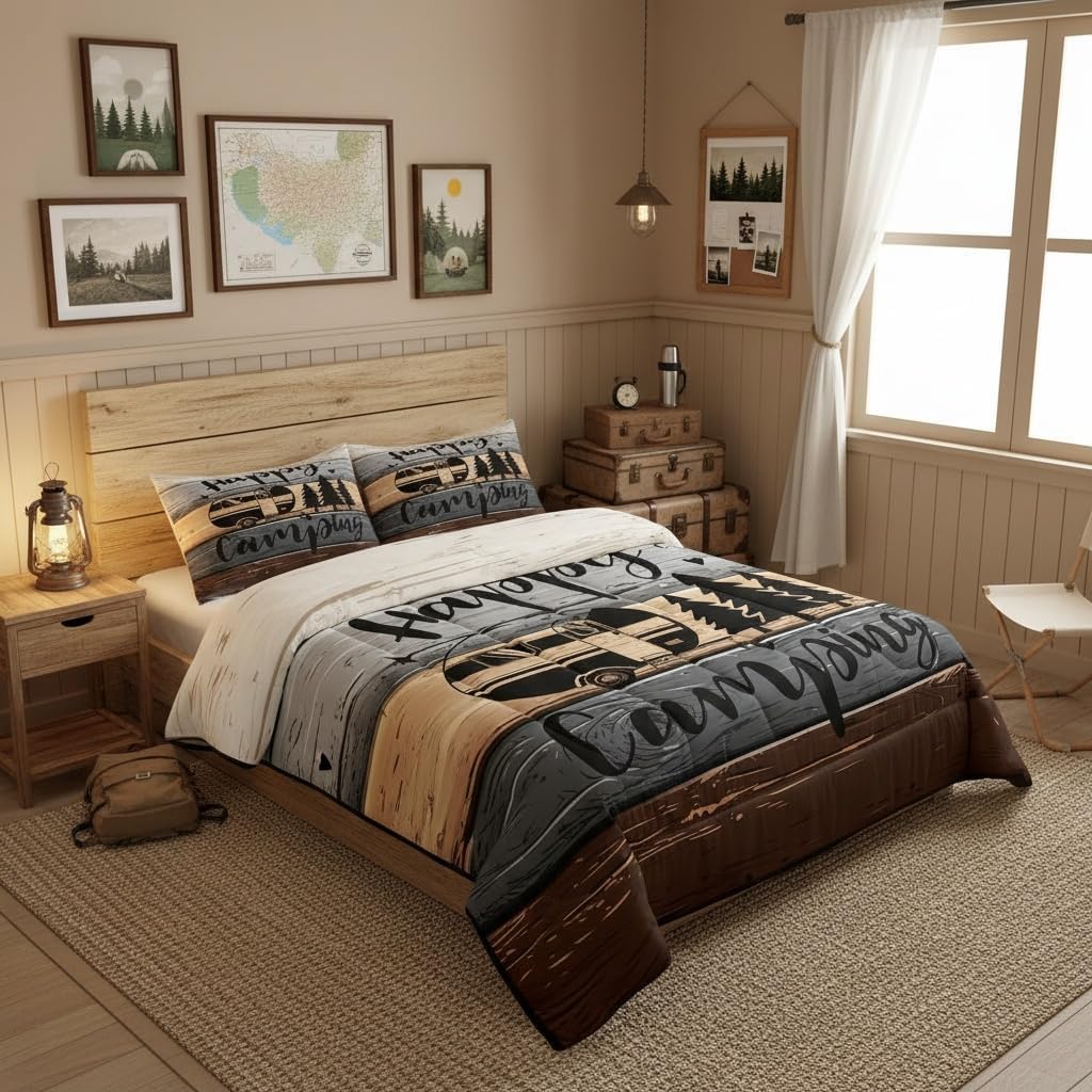 RV Camper 3 Pcs King Comforter Set,Retro Barn House Door Farmhouse Down Alternative Adults Bedroom Decor,Camper Accessories for Travel Trailers Ultra Soft Microfiber Inner Fill 3Pcs Bedding image 2