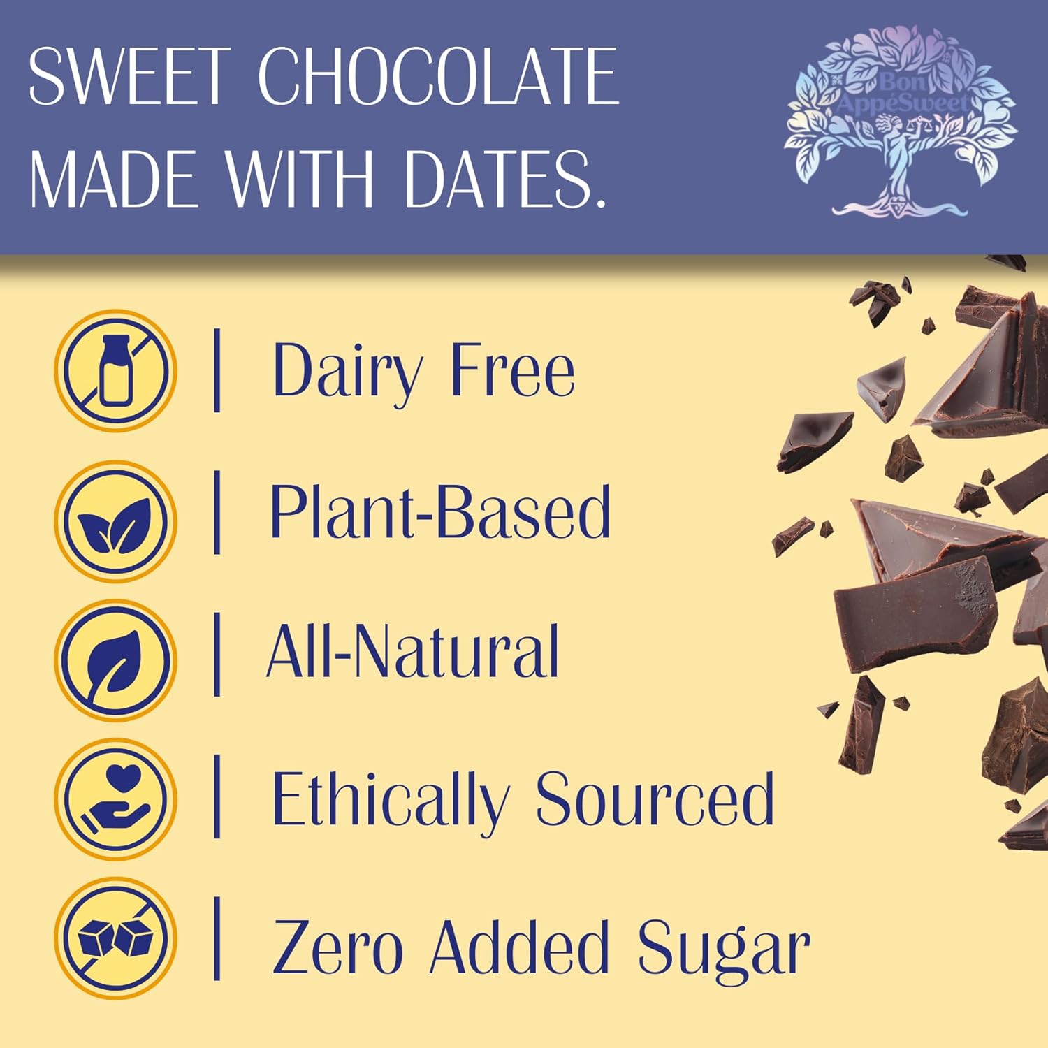 Bon Appesweet Date Sweetened Chocolate Bar - Deep Dark Chocolate | 2.2 Ounce (Pack of 3) | Organic, Zero Added Sugar, 70% Cacao, Plant Based, Dairy Free, and Guilt Free!