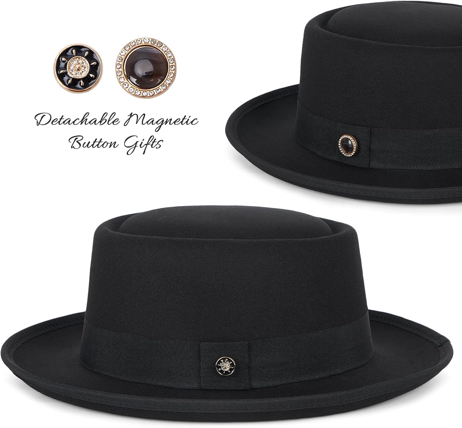 Fedora Hats for Men & Women Pork Pie Hat Flat Top Felt Hats Panama Wide Brim Dress Hat