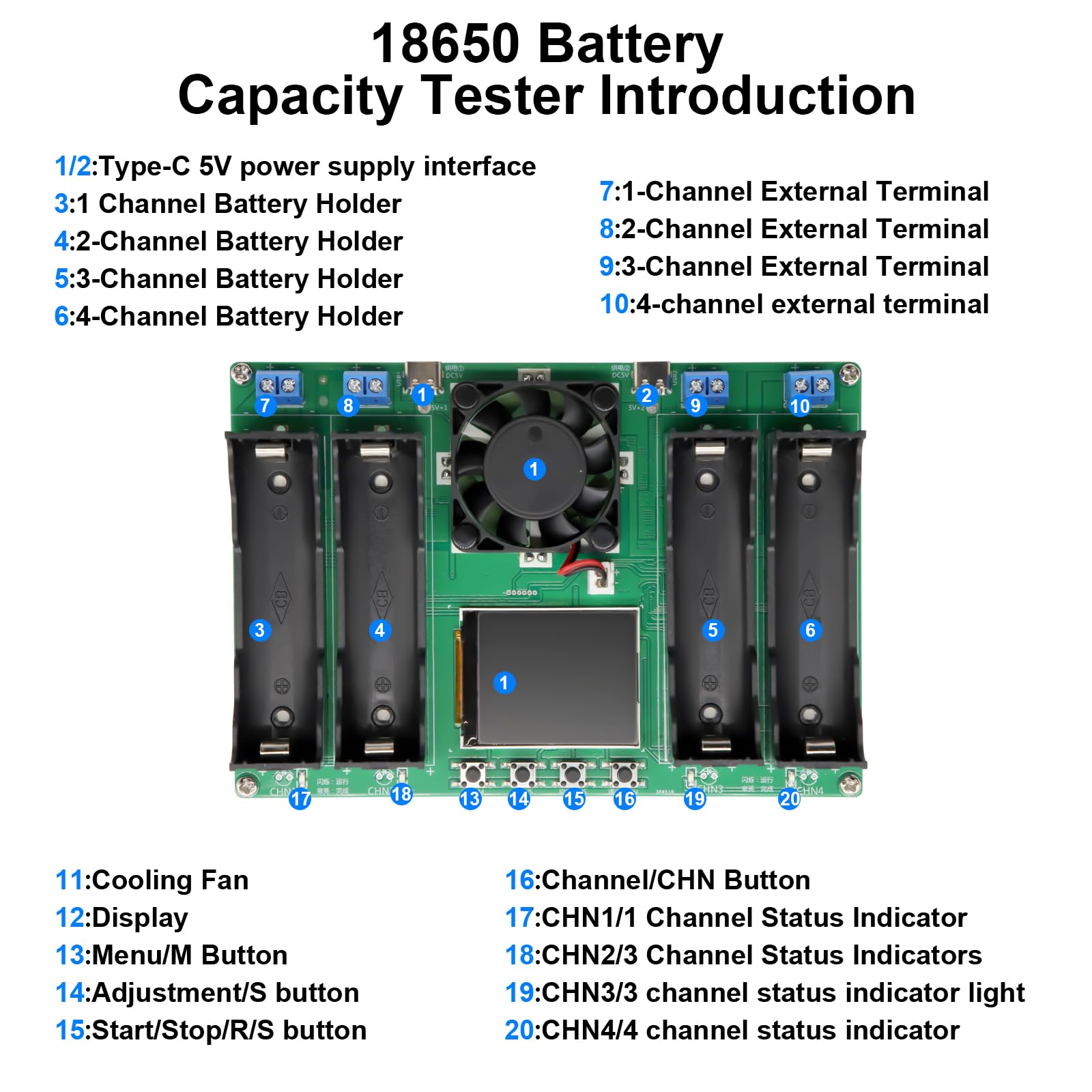 AYWHP Tester di capacità della batteria 4 canali 18650 con tipo C display LCD per batteria al litio