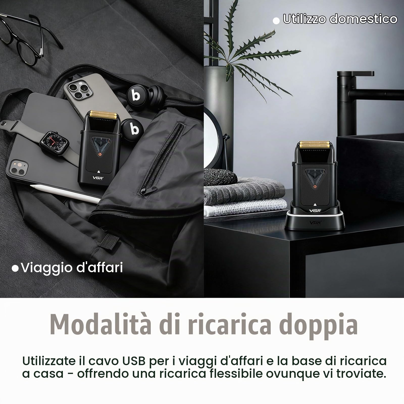 VGR 334 Rasoio Elettrico Barba Professionale Per Uomo Elettrico, Foil Shaver Barba Con Motore Vettoriale da 10000 Giri/Min, Shaver Capelli con Base di Ricarica Wireless, Luci a LED e Borsa da Viaggio
