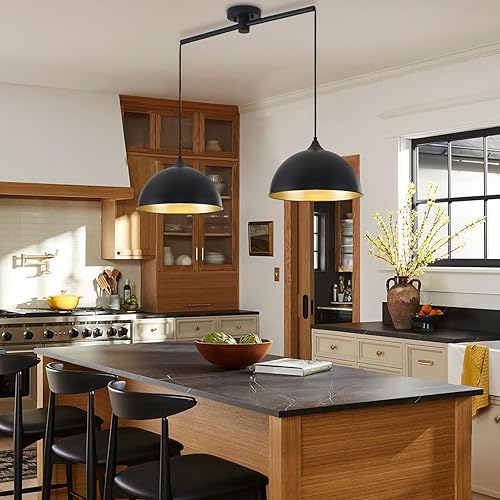 Miniatura 5 de Luces colgantes para isla de cocina, paquete de 2 lámparas colgantes de cúpula negra y dorada, iluminación colgante industrial vintage para granja,