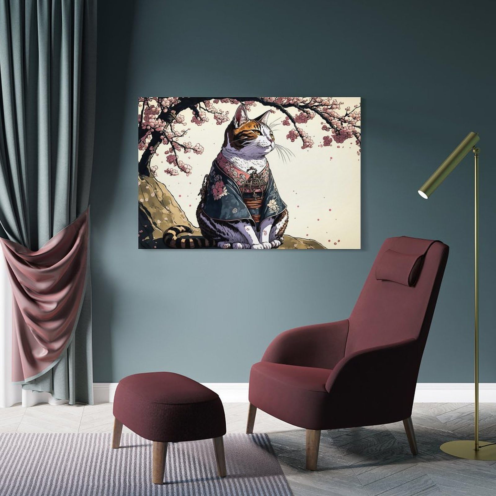 Junmoney Wall Picture Print Cat Samurai Cherry Blossom, 24x36inch(60x90cm), for Living Room, Lounge Or Sitting Room, A Home Accent with Warm Character