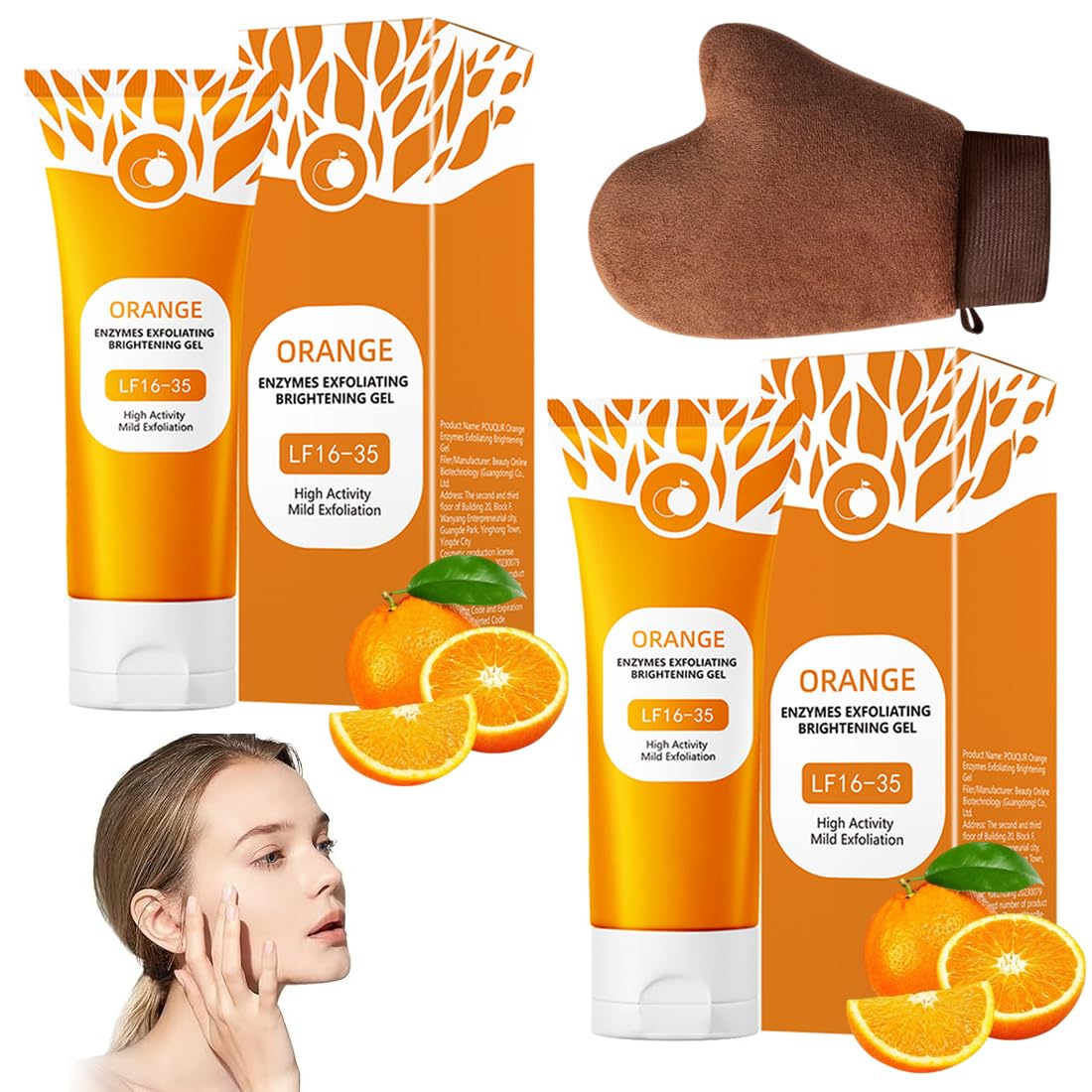 GXGM 2 Pezzi Orange Exfoliating Gel lf16-35,Gentle Exfoliating Orange Detergente Viso,Rimuove le Cellule Morte Della Pelle, Migliora la Consistenza Della Pelle,Con Guanti Floccati Marroni