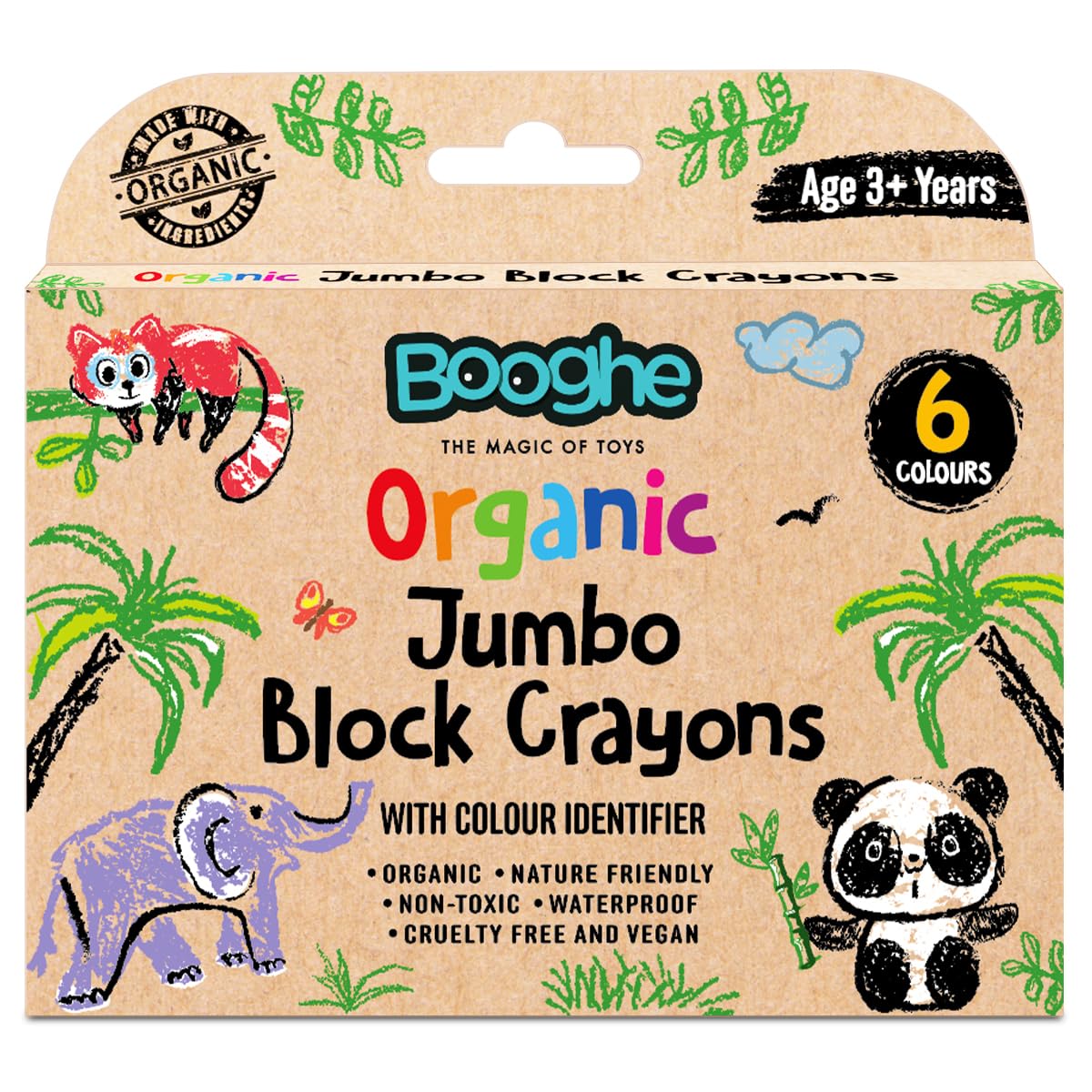 BoogheCrayons Organic Jumbo Block Crayons - Made With Organic Ingredients and Food Grade Colors - Nature Friendly, Non Toxic, Waterproof, Pack of 6, Age 3 + Years