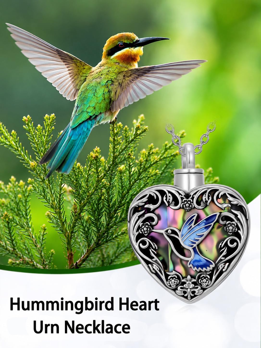 Butterfly/Dragonfly/Ladybug/Bee/Hummingbird Heart Abalone Shell Urn Necklace for Ashes for Women Cremation Jewelry Memorial with Funnel Filler