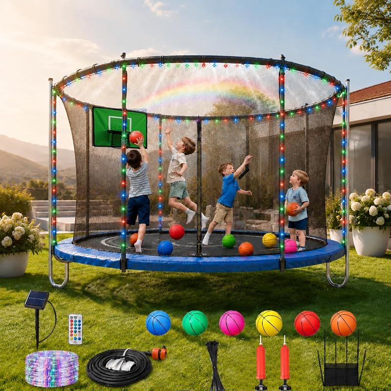 Trampoline Accessories Kit for Kids - 6-in-1 Summer Fun (Basketball Hoop + 72FT Solar Colored Lights + Water Sprinkler+ 3 Grid Shoe Bags)-Fits 8-16ft Trampolines