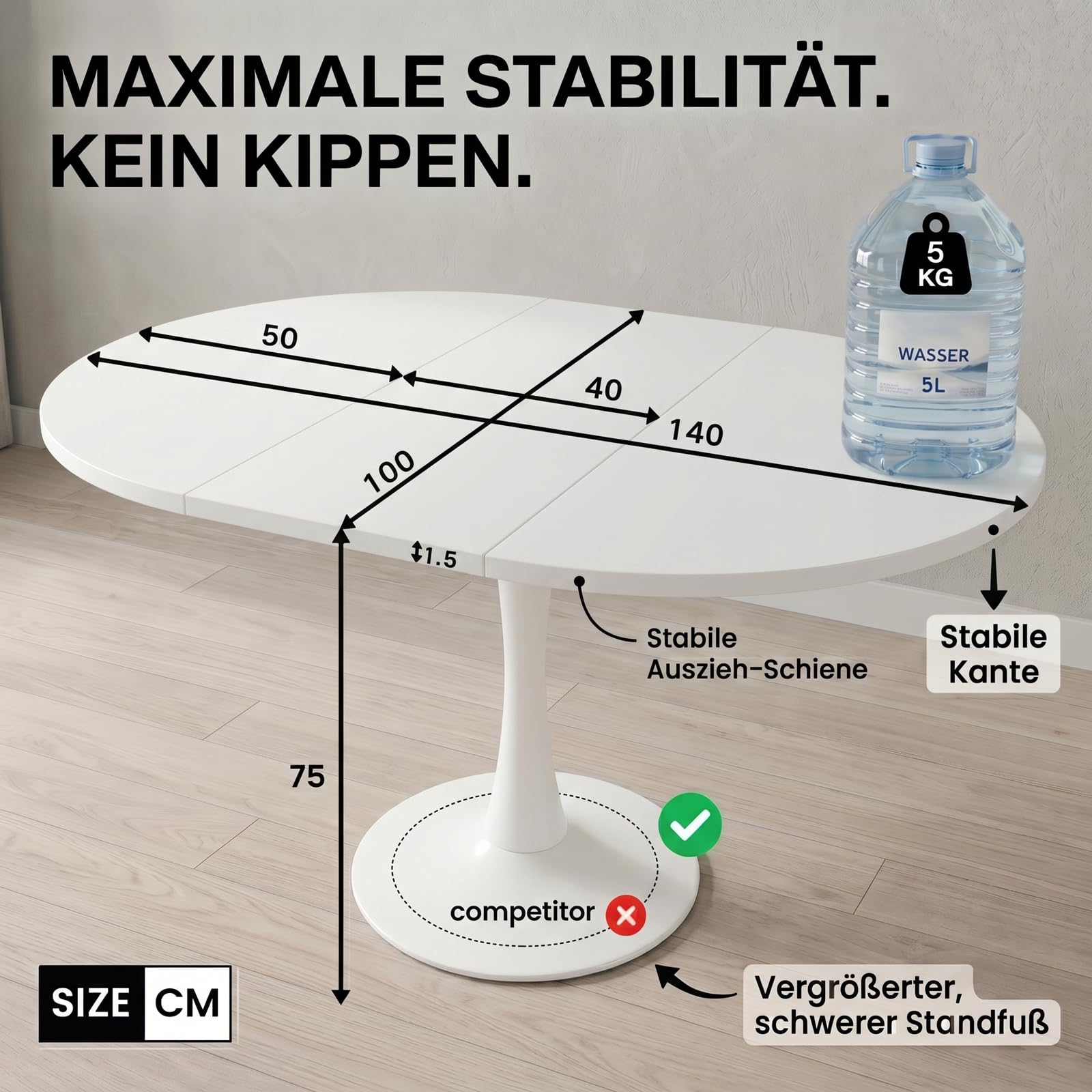 Tavolo da pranzo allungabile, 100/140 x 100 x 75 cm, bianco, rotondo, da cucina, da giardino, per piccoli appartamenti o ambienti multifunzione
