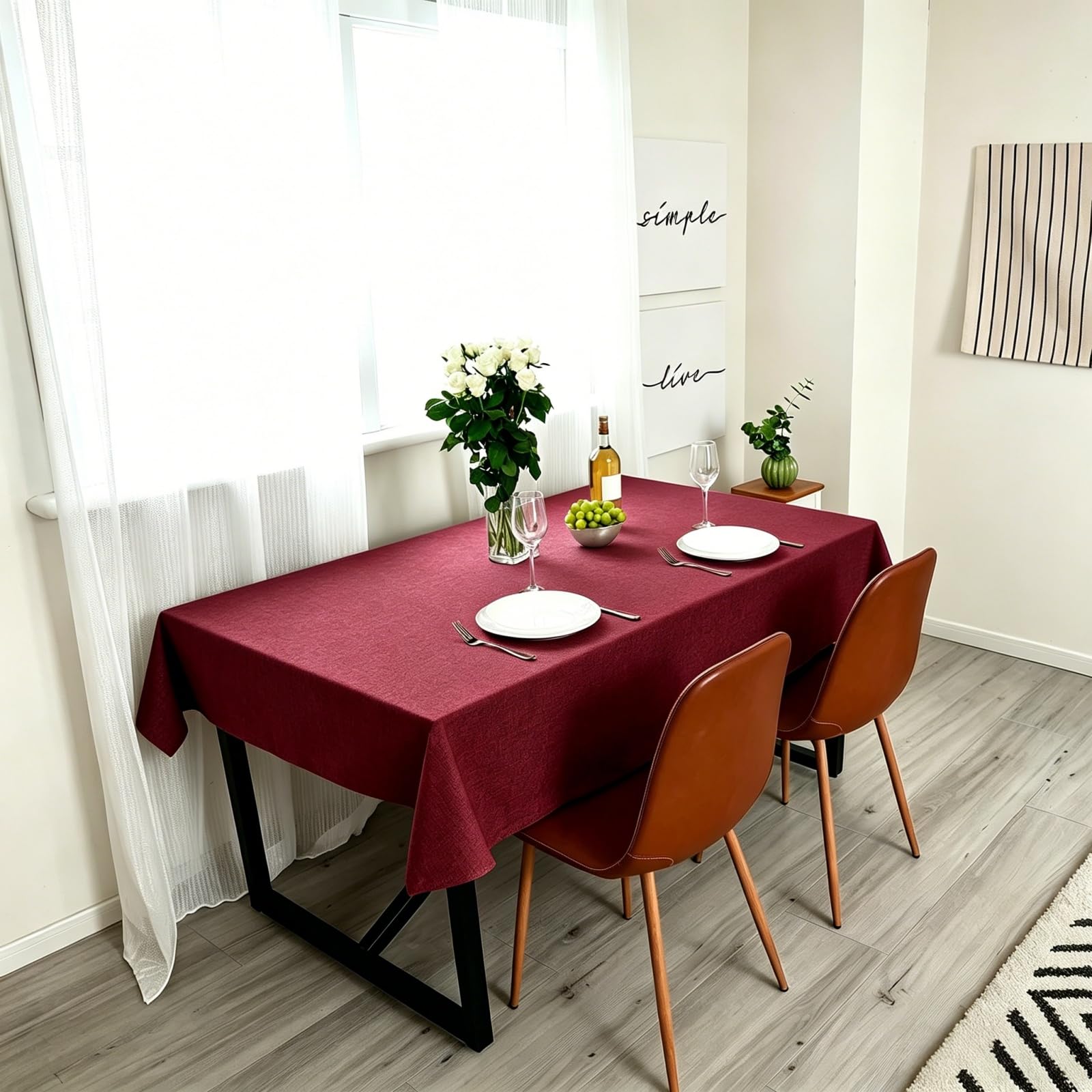 LIHUANE Table Cloth Rectangular 120 x 150 cm Faux Linen Solid Colour Tablecloths Wipe Clean Washable Polyester for Kitchen Outdoor Garden Table, Red Wine