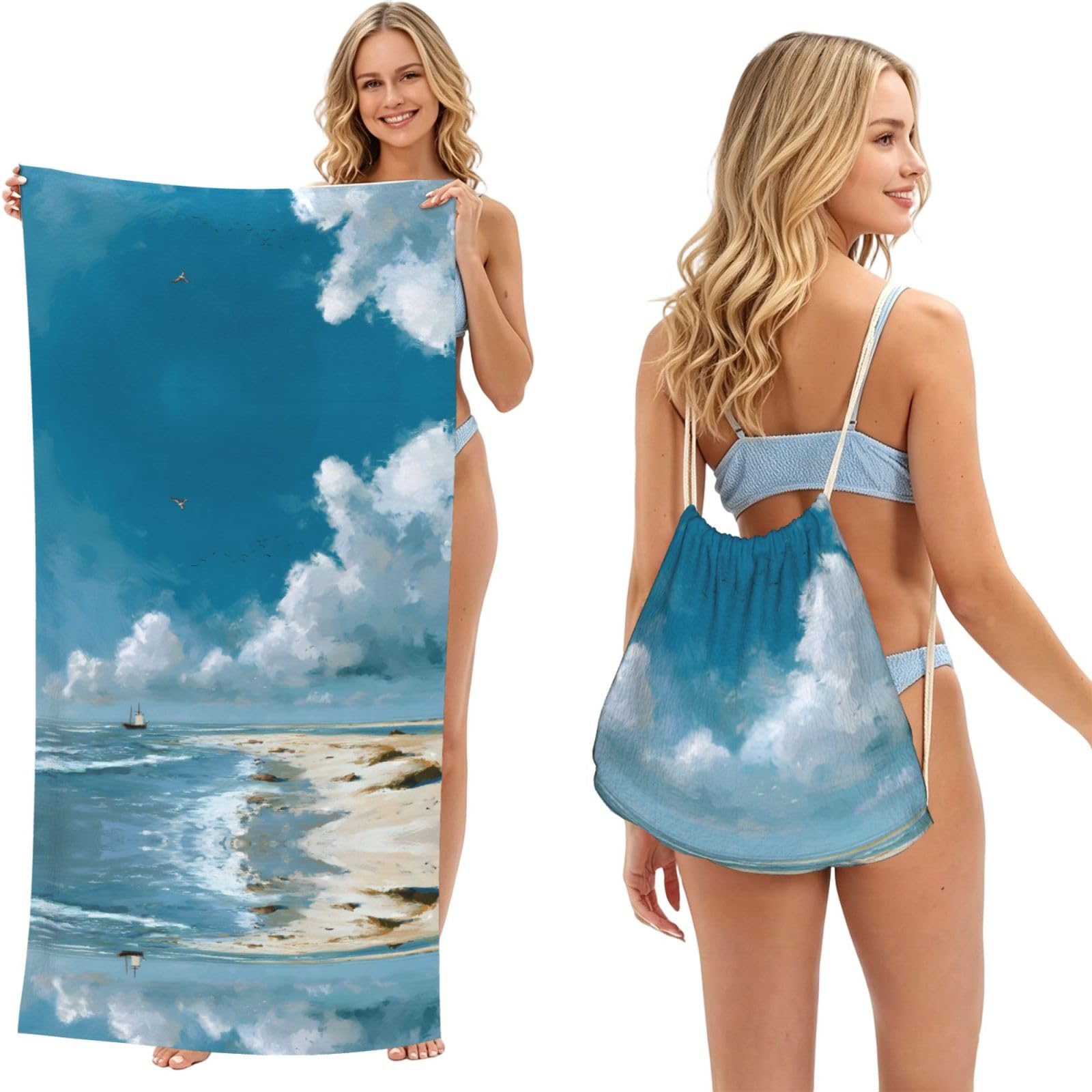 ESNAIUVCD Seaside Scenery Print Beach Towel For Adults,Towel With Drawstring Bag, Travel Pool Swimming Sports Shower Sand Free Quick Dry Bath Towel For Pool, Beach, Yoga- 180x60cm