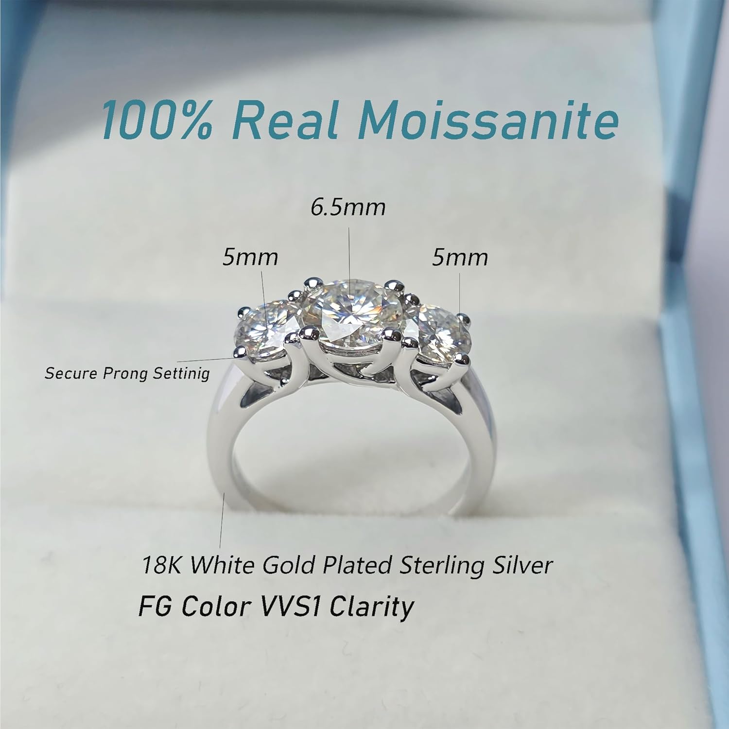 DovEggs 3-Stone Moissanite Engagement Rings for Women 2ct Total FGH Color Cut Moissanite Lab Created Diamond Wedding Ring Anniversary Sterling Silver with 18K White Gold Plated
