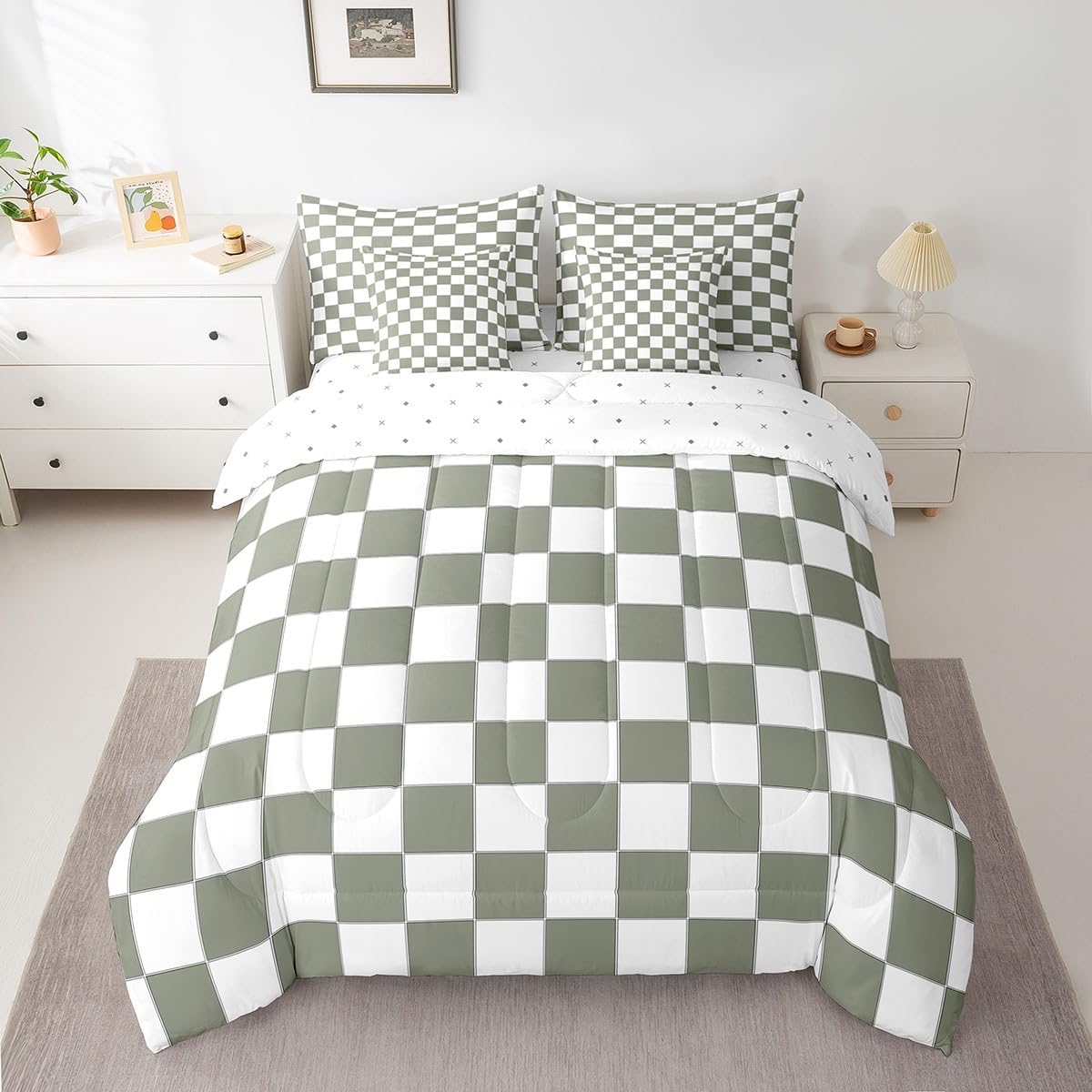 Erosebridal White Sage Green Checkered Queen Bedding Set 7 Piece Buffalo Plaid Grid Comforter Set with Sheets for Kids Adults Men Women Checkerboard Bed in A Bag Aesthetics Gingham Bed Set