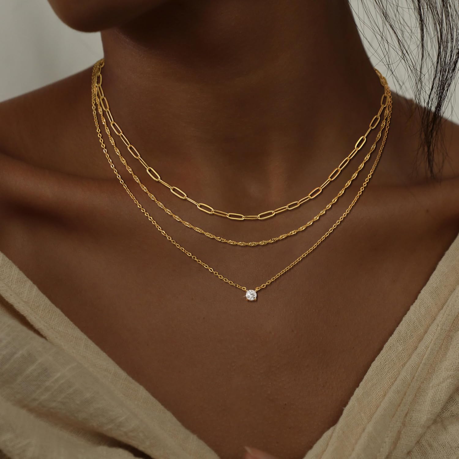 Collares escalonados chapados en oro de 14 quilates para mujer, delicado collar de cadena chapada en oro y plata, collar con colgante de circonita cúbica, gargantilla ajustable en capas, regalo 3