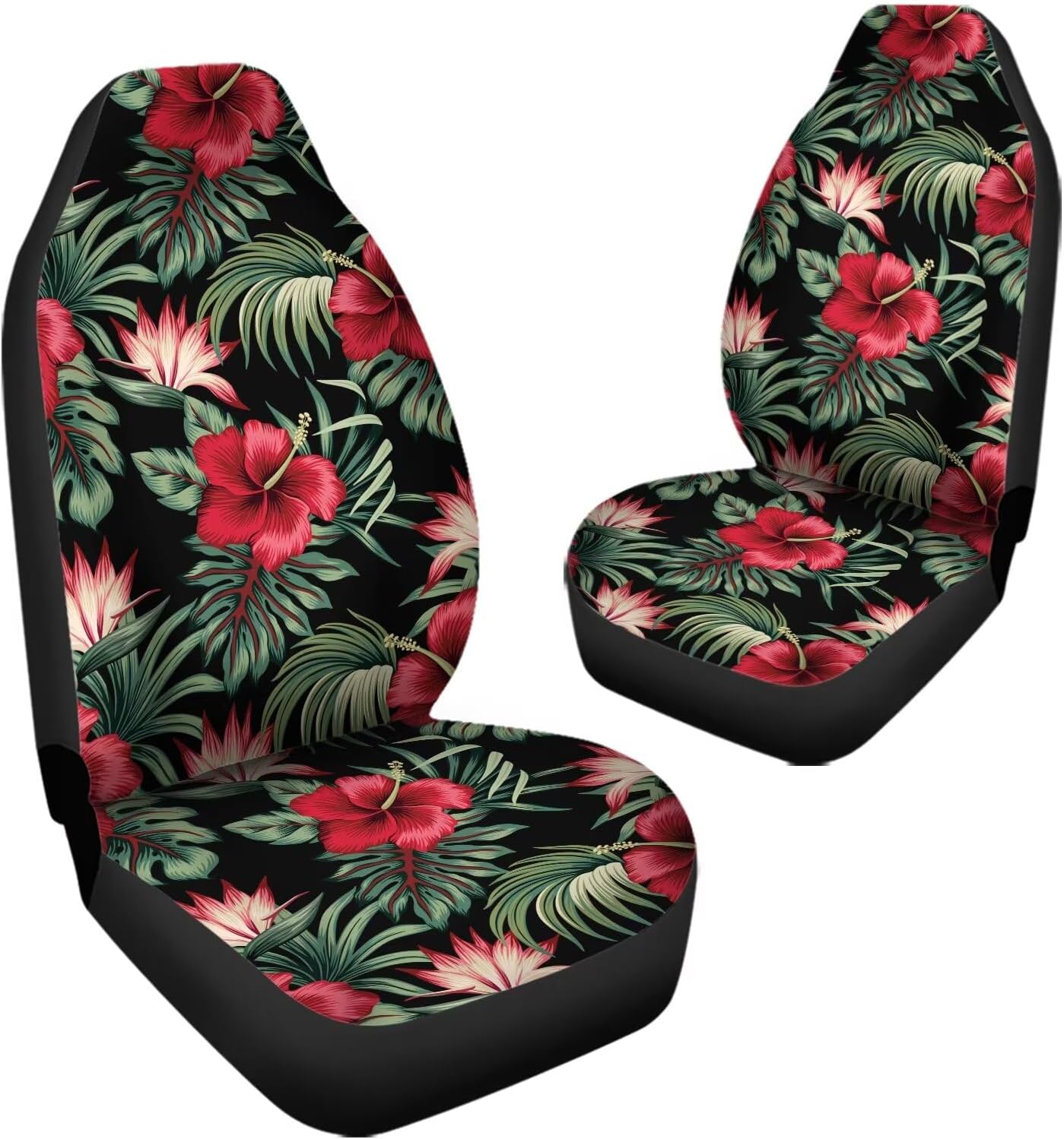 Thin Breathable Car Seat Cover Red Hibiscus & Palm Leaves Print for Men Women Ultra-Soft 2PCS Auto Accessories Fit for Car SUV Sedan Truck