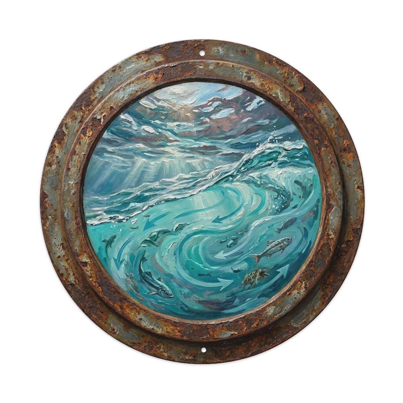 Vintage Porthole Tidal Change Ship Window Under Deep Metal Tin Sign