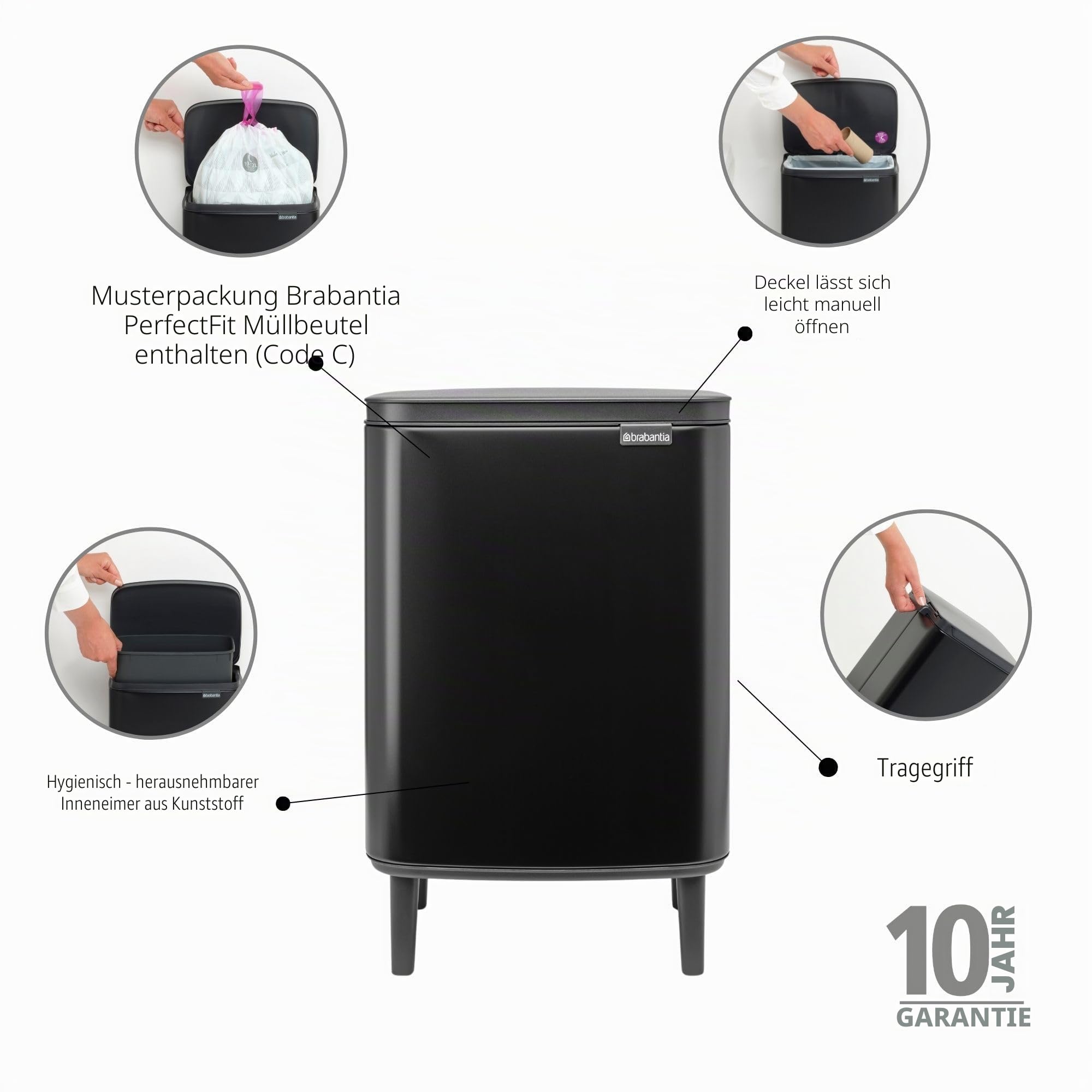 Brabantia - Mülleimer Bo Hi 12L mit Soft-Close-Deckel, herausnehmbarem Inneneimer und Transportgriff - Für Bad, Schlafzimmer und Homeoffice - Mattschwarz