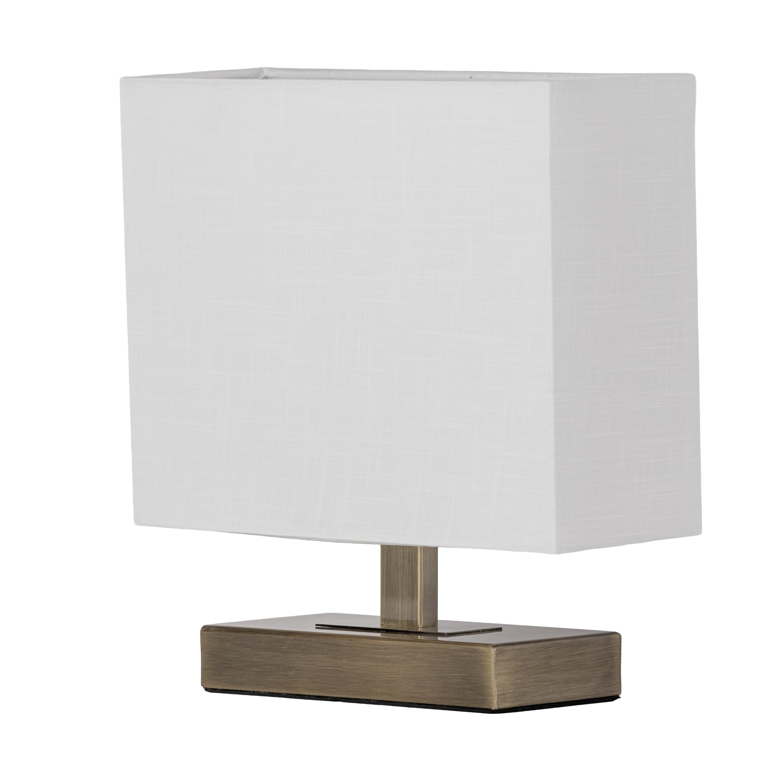 Lighting Supermarket Bloq Antique Brass Rectangle Table Lamp with Ivory Linen Shade, Slimline Narrow Base Bedside Light, Modern Classic Desk or Hallway Lamp, LED Compatible, E14 Bulb, 28.5cm Height
