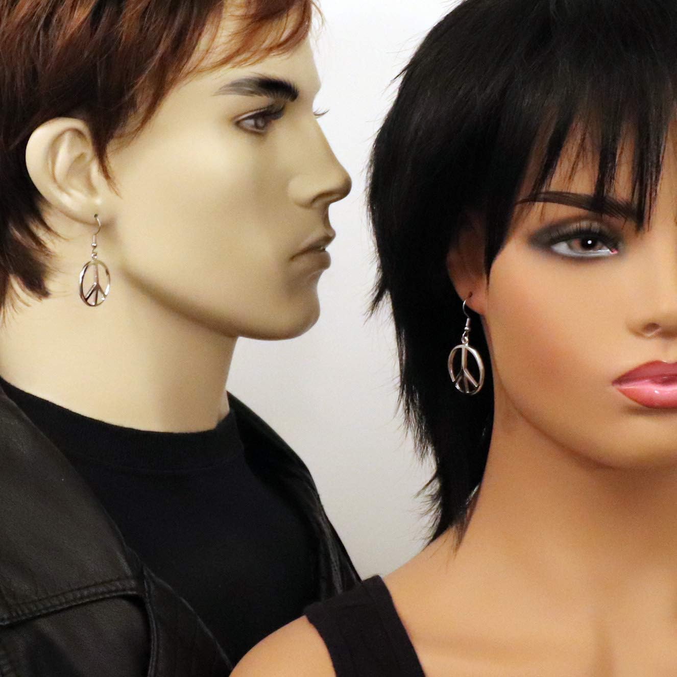 Hippie Peace Sign Dangle Earrings Polished Silver Finish Pewter - Image 2