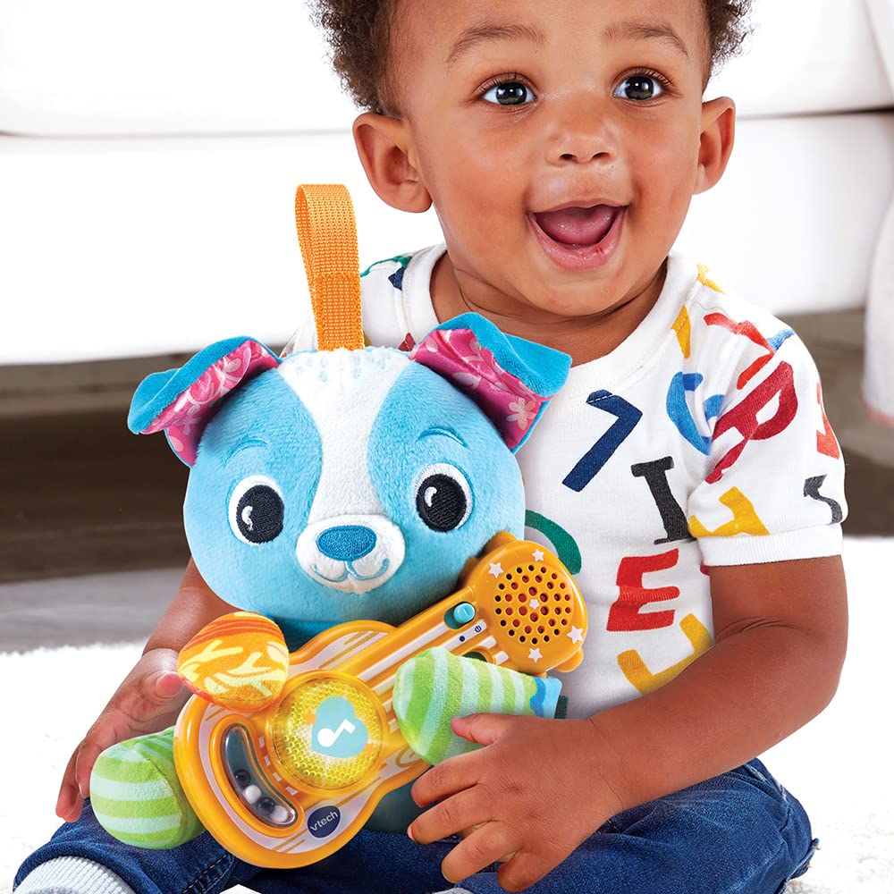VTech - Tango, P'tit Musician Dog, Pluszowy szczeniak dziecka z interaktywną gitarą, budzenie muzyczne, zabawka do wózka, fotelik samochodowy i park dla niemowląt, prezent dla dzieci od 3 miesięcy -