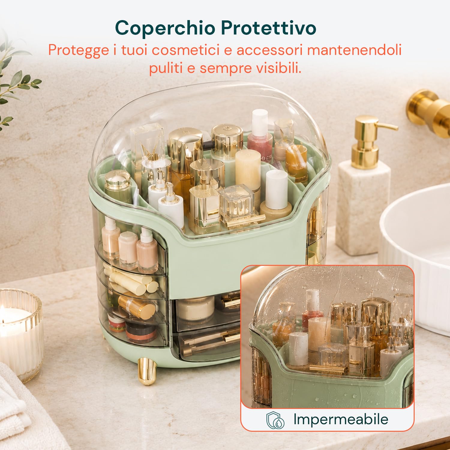 Wintem Porta Trucchi Rotante Trasparente Verde, Make Up Organizer con 2 Cassetti Girevoli a 90° e 2 Scomparti Laterali, Organizzatore Cosmetici Compatto da Toeletta