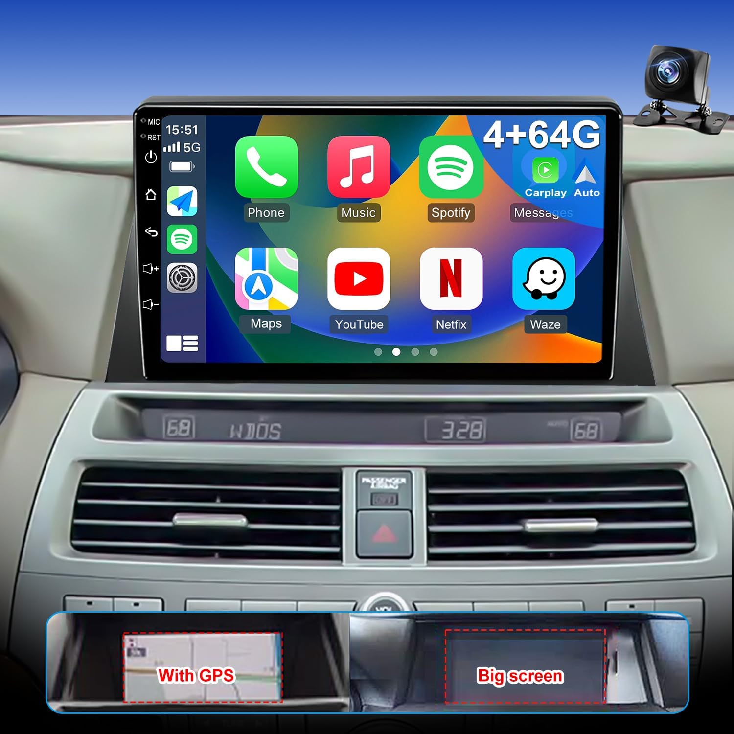 4+64G 5GWiFi Upgrade Car Stereo for Honda Accord 2008-2012 8th Gen, 10" Touch Screen Radio, Wireless Carplay Android Auto GPS FM Bluetooth DSP Camera, Only Fit for Original Car with Big Screen and GPS