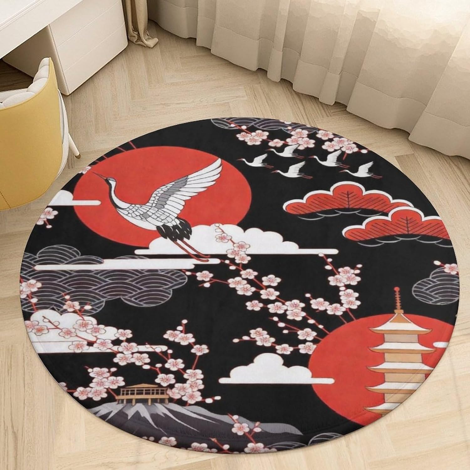 Kuizee Round Area Rug Mat Japanese Decoration Crane Plum Blossom Black Red Living Room Bedroom Bathroom Kitchen Home Decor Coral Velvet Non-Slip Round Carpet 36.2 Inch