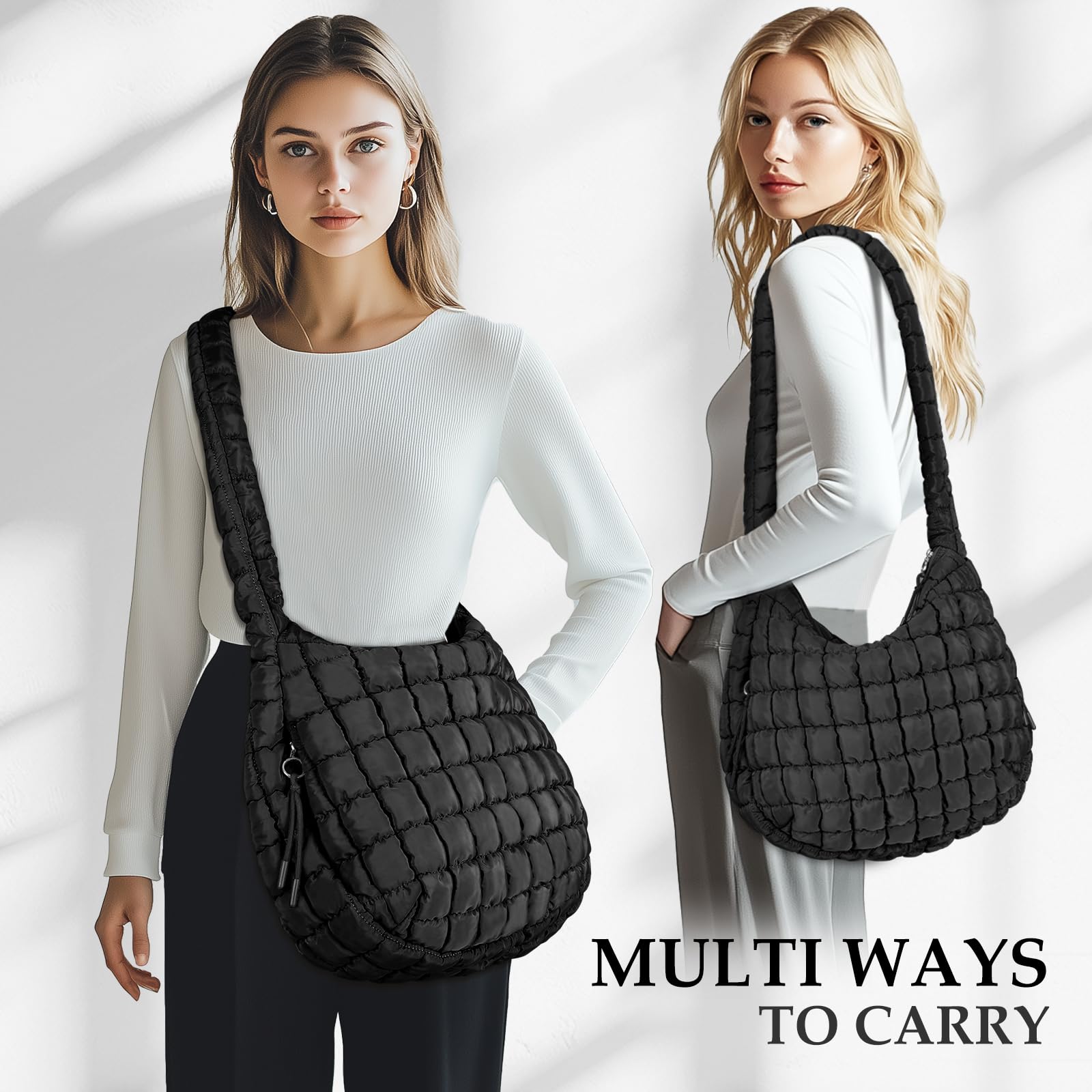Puffer Tote Bag for Women Large Quilted Carryall Bag Crossbody Bag Puffy Shoulder Bag for Women Lightweight Hobo Bags (Black)