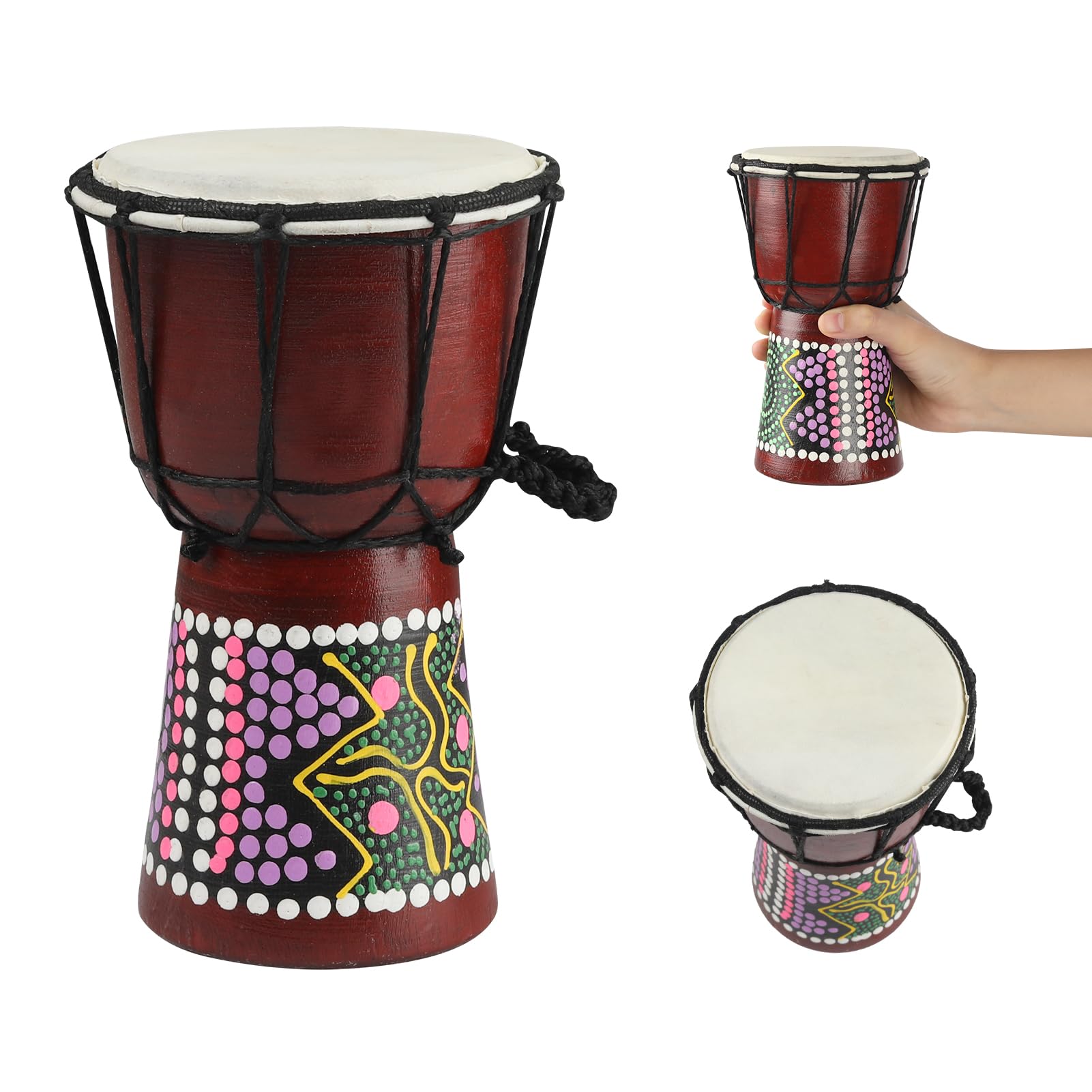 Wood Djembe Drum, 4.5'' x 8''Carved Mahogany African Drums with Goatskin Drumhead, West African Styled Professional Djembe Hand Drum for Kids and Adults Beginners