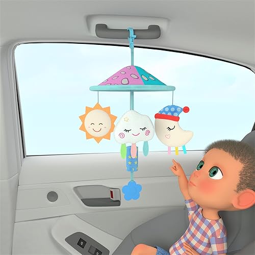 Miniatura 4 de Cochecito de bebé móvil de juguete para empacar y jugar, juguetes de mango de techo de coche con sonajero suave para 0 meses + (cielo)