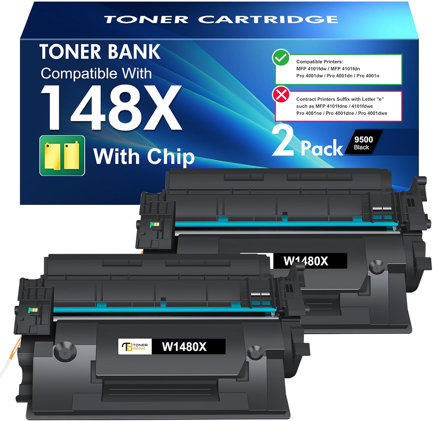 148X Black High Yield Toner Cartridge 148A Compatible Replacement for HP 148X Toner Cartridge for HP LaserJet Pro 4001n 4001dw 4001dn MFP 4101fdw 4101fdn Printer W1480X W1480A Ink with Chip 2Pack