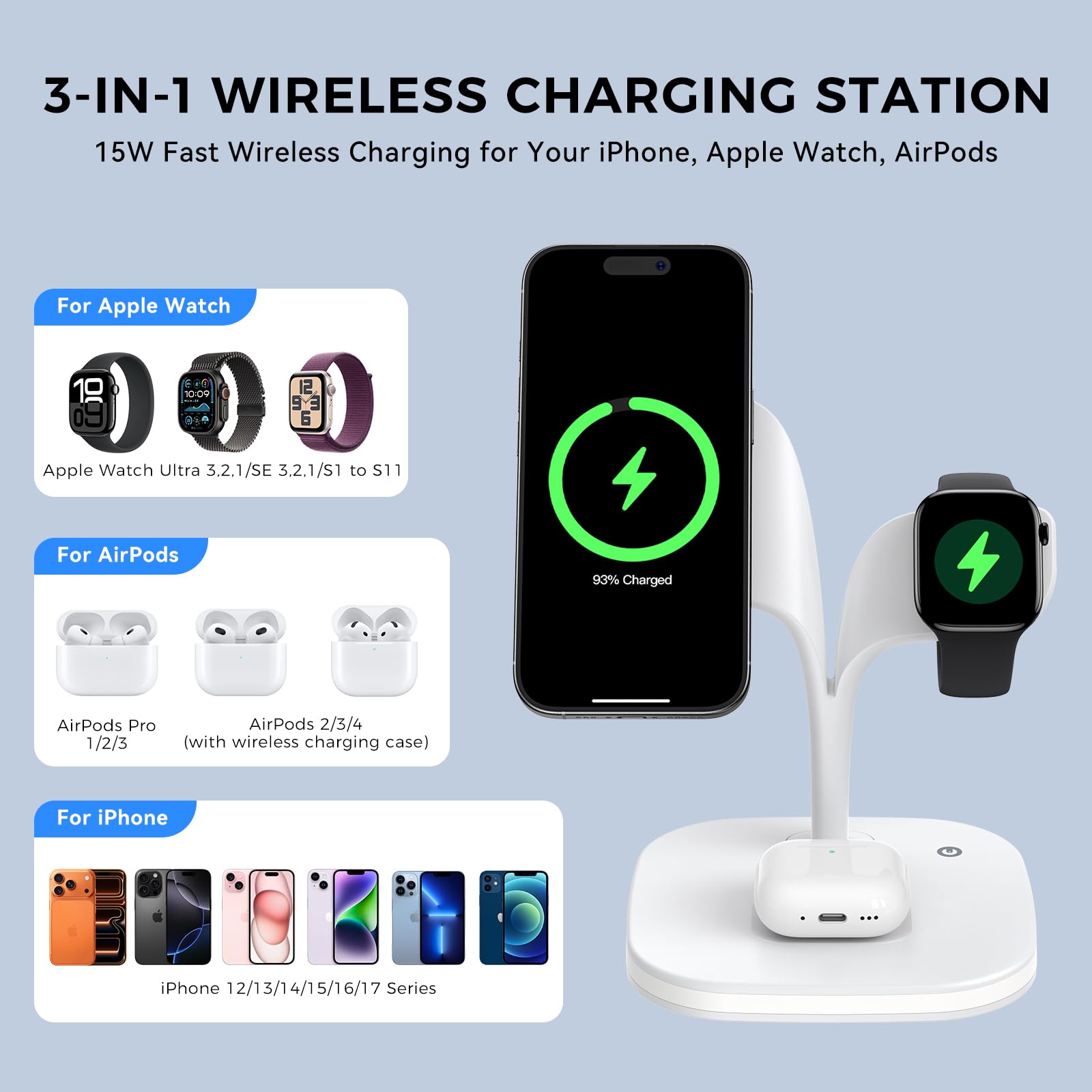 HJCE Bezprzewodowa ładowarka, 20W stacja ładująca 3 w 1 do Apple składana, indukcyjna do iPhone 17e Air 17 16 15 14 13 12, Apple Watch 11/10/9/8/7/6/5/4/3/2/SE/Ultra, AirPods Pro/3/2