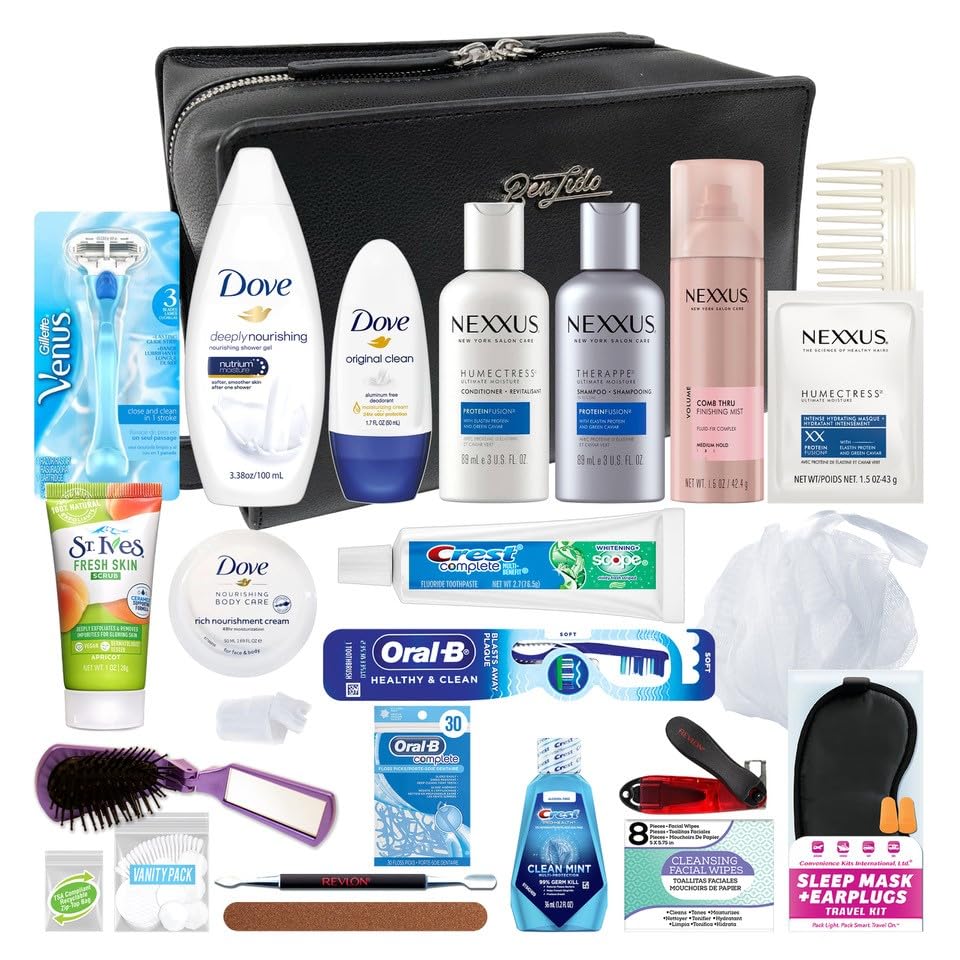 Convenience Kits International Women’s Super Premium 25 PC Travel Kit Featuring: Ensemble of Nexxus Travel-Size Hair Care and Body Products in Large Leather Toiletry Bag (824)
