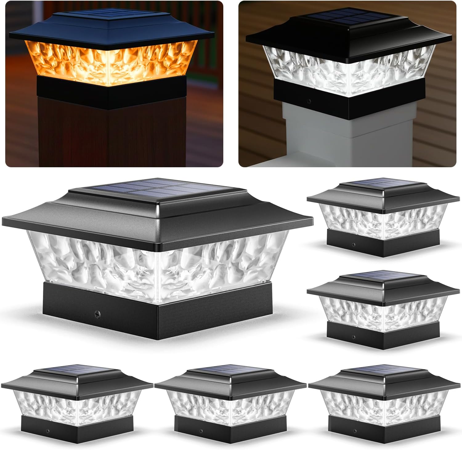 SIEDiNLAR Solar Post Lights Outdoor 12 LEDs 4 Modes Post Cap Light for 4x4 5x5 6x6 Vinyl Wooden Deck Fence Posts Garden Patio Decor, Warm/Cool White Dynamic Lighting (6 Pack, White)