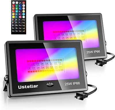 Ustellar Paquete de 2 luces LED IP66 de 25 W RGB que cambian de color equivalente a 250 W, reflector de color blanco cálido de 270